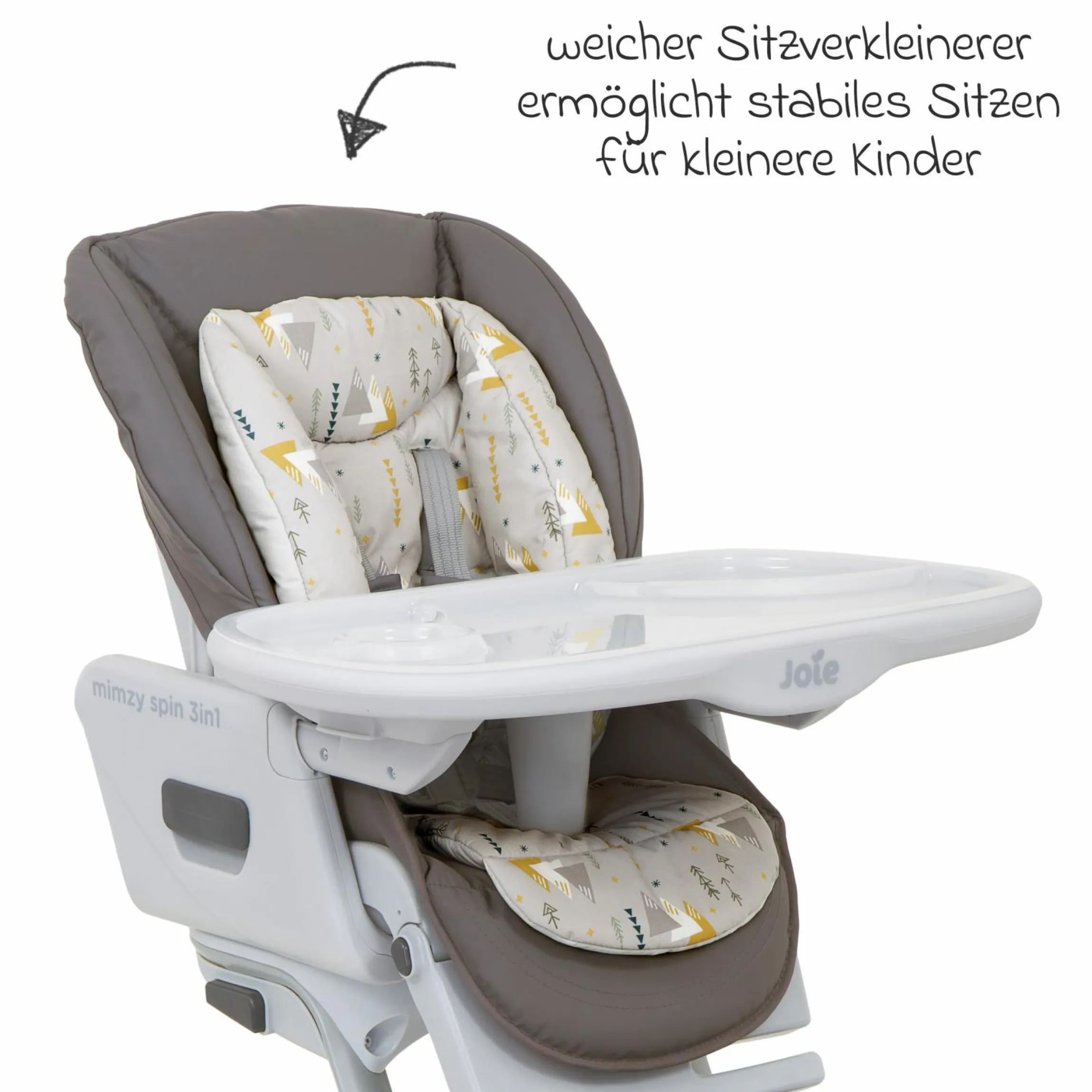 3in1 Hochstuhl Mimzy Spin 3in1 ab Geburt nutzbar mit 360° drehbarem Sitz, flache Liegeposition, Tablett und Snacktablett - Geometric Mountain - Kollektion 2025
