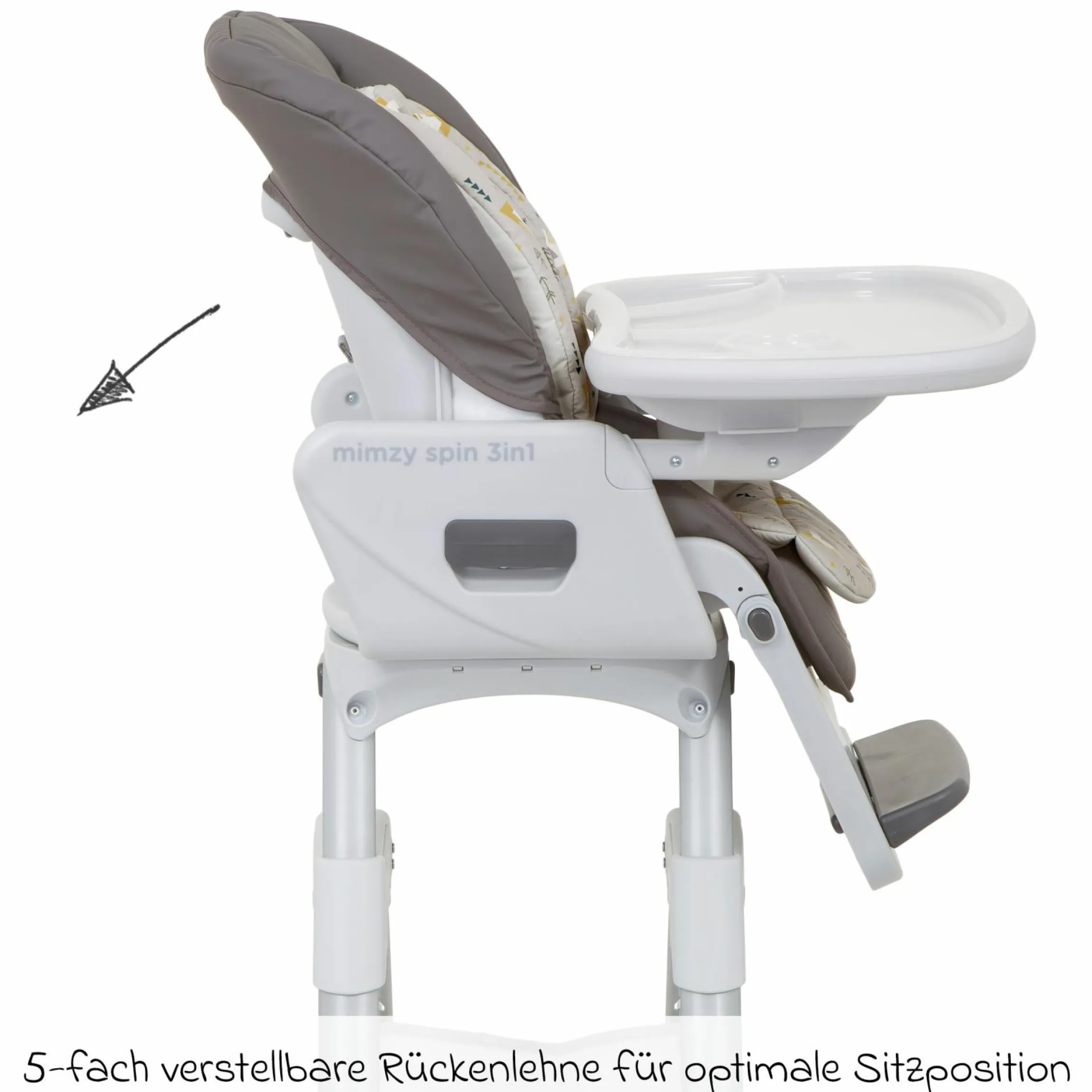 3in1 Hochstuhl Mimzy Spin 3in1 ab Geburt nutzbar mit 360° drehbarem Sitz, flache Liegeposition, Tablett und Snacktablett - Geometric Mountain - Kollektion 2025