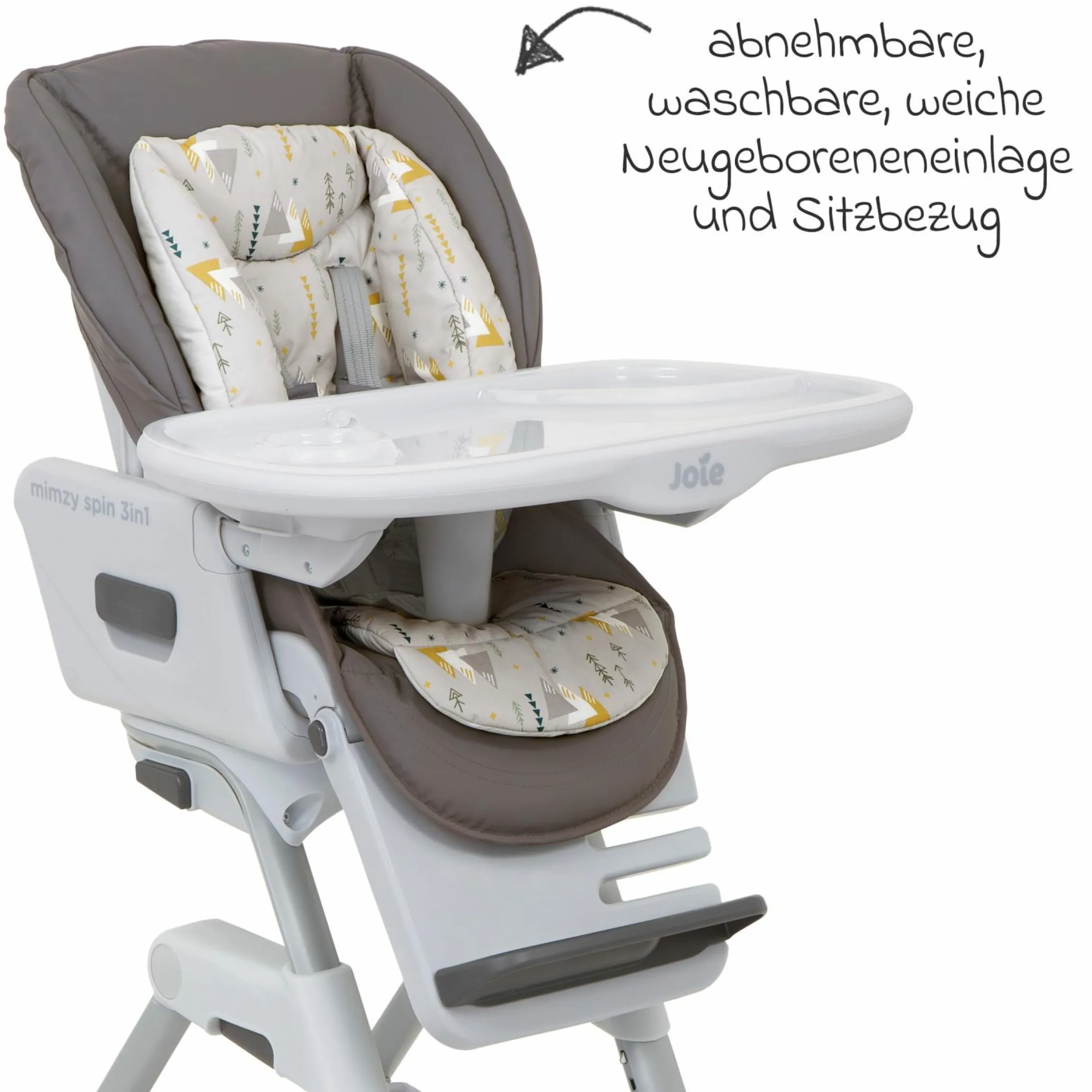 3in1 Hochstuhl Mimzy Spin 3in1 ab Geburt nutzbar mit 360° drehbarem Sitz, flache Liegeposition, Tablett und Snacktablett - Geometric Mountain - Kollektion 2025