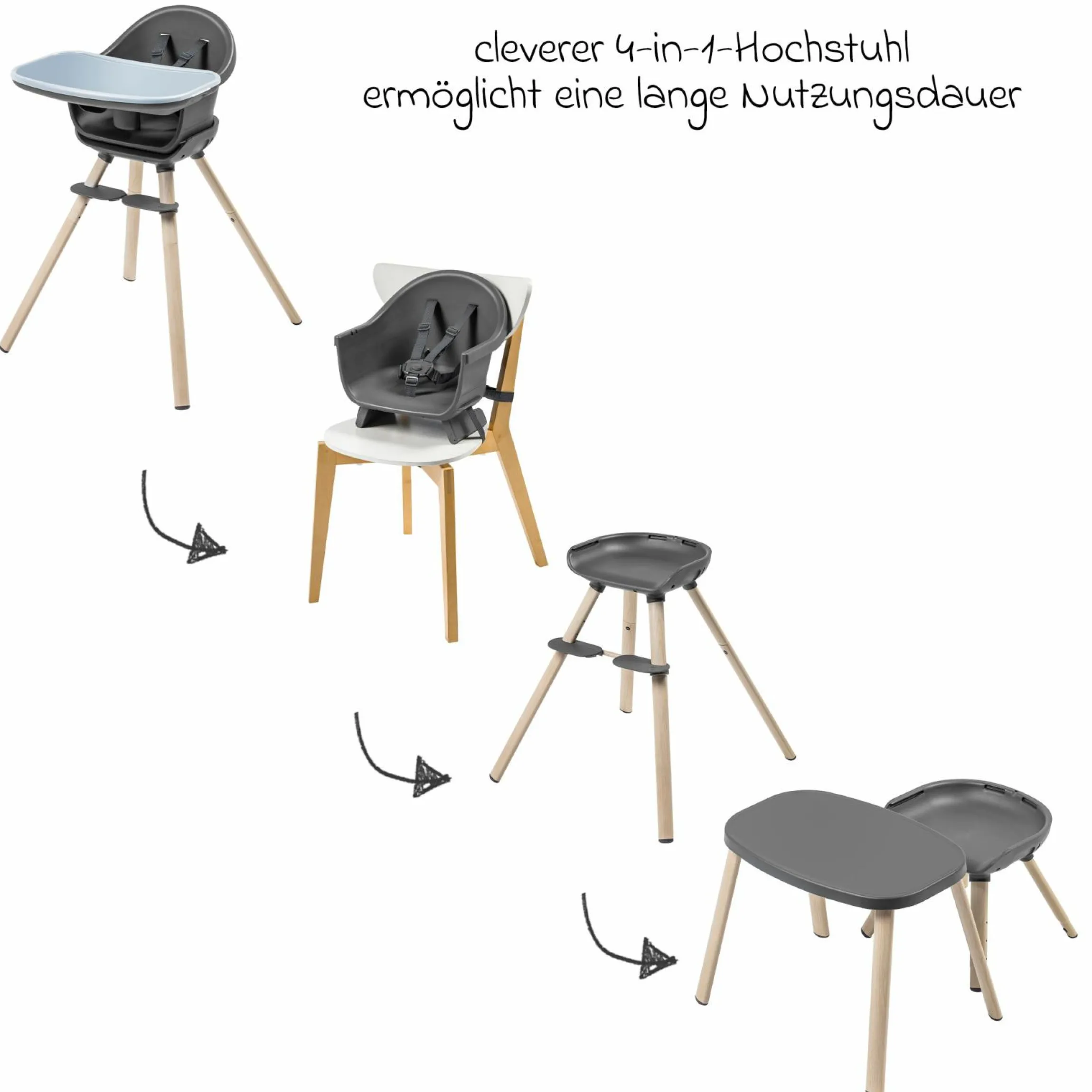 4-in-1 Hochstuhl Moa ab 6 Monate - 5 Jahre Hochstuhl, Sitzerhöhung, Tisch & Stuhl - Beyond Graphite2 Eco - Kollektion 2025