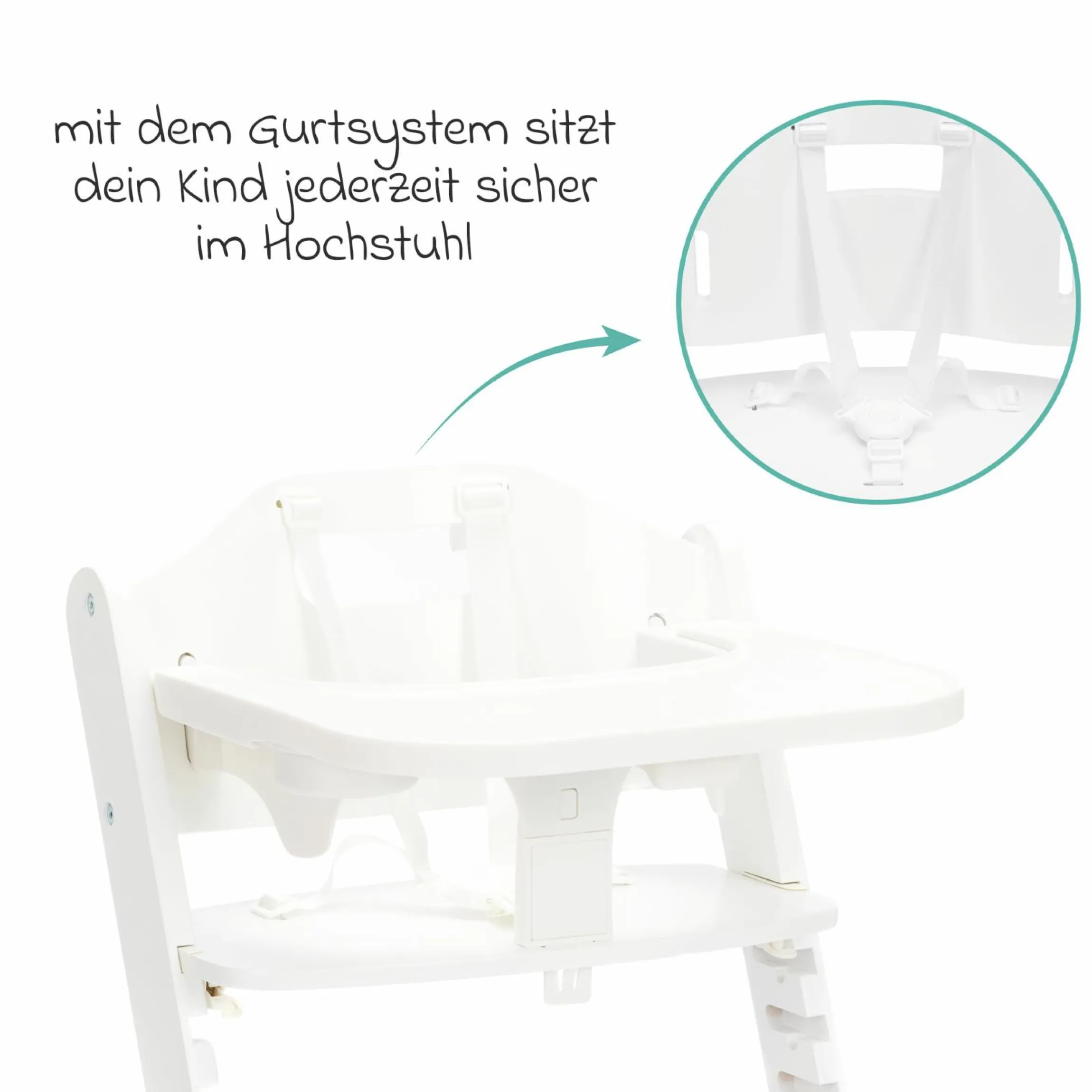 2in1 Hochstuhl Pia mit 5-Punkt-Gurt, abnehmbarem Essbrett mit Getränkehalter bis 85 kg belastbar - Weiß
