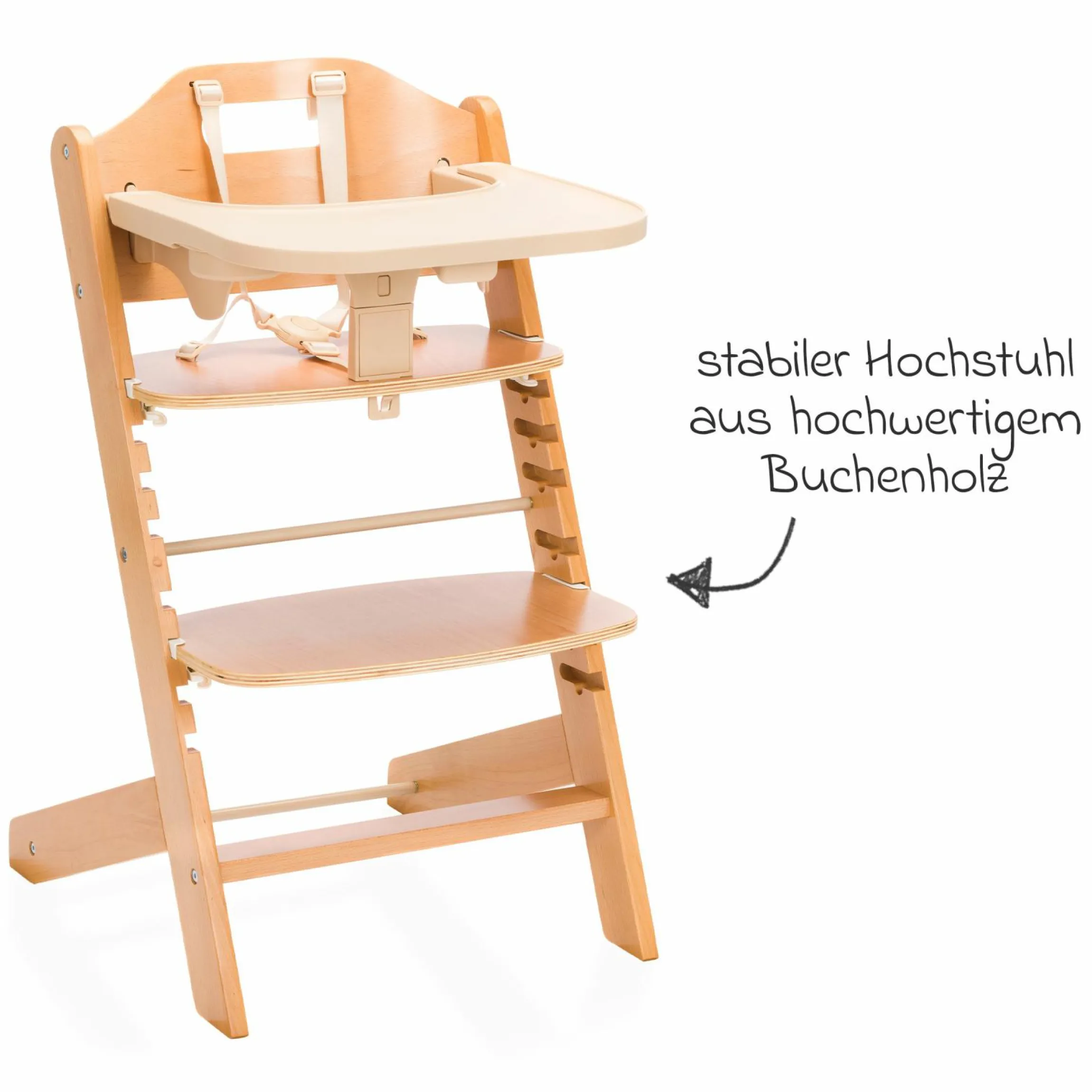 2in1 Hochstuhl Pia mit 5-Punkt-Gurt, abnehmbarem Essbrett mit Getränkehalter bis 85 kg belastbar - Natur