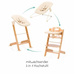 3in1 Hochstuhl-Set Pia Swing ab Geburt bis 85 kg mit Neugeborenenaufsatz, 5-Punkt-Gurt, abnehmbarem Essbrett mit Getränkehalter - Natur
