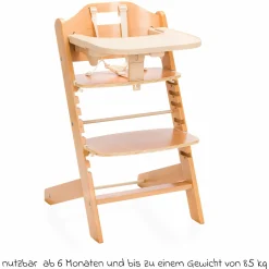 3in1 Hochstuhl-Set Pia Swing ab Geburt bis 85 kg mit Neugeborenenaufsatz, 5-Punkt-Gurt, abnehmbarem Essbrett mit Getränkehalter - Natur