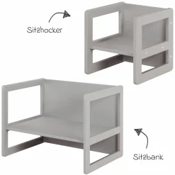 3in1 Kindersitzgruppe 1 Sitzbank & 1 Sitzhocker - Montessori - Grau