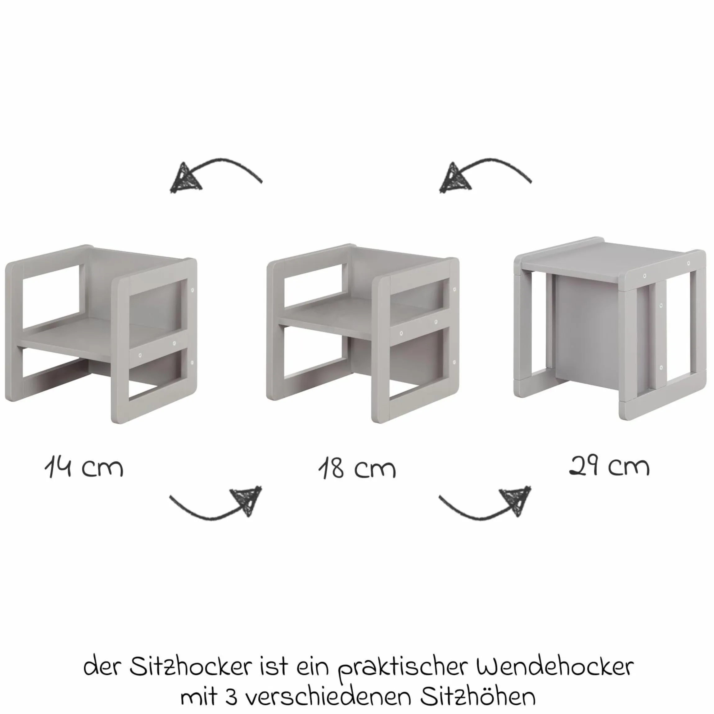3in1 Kindersitzgruppe 1 Sitzbank & 1 Sitzhocker - Montessori - Grau