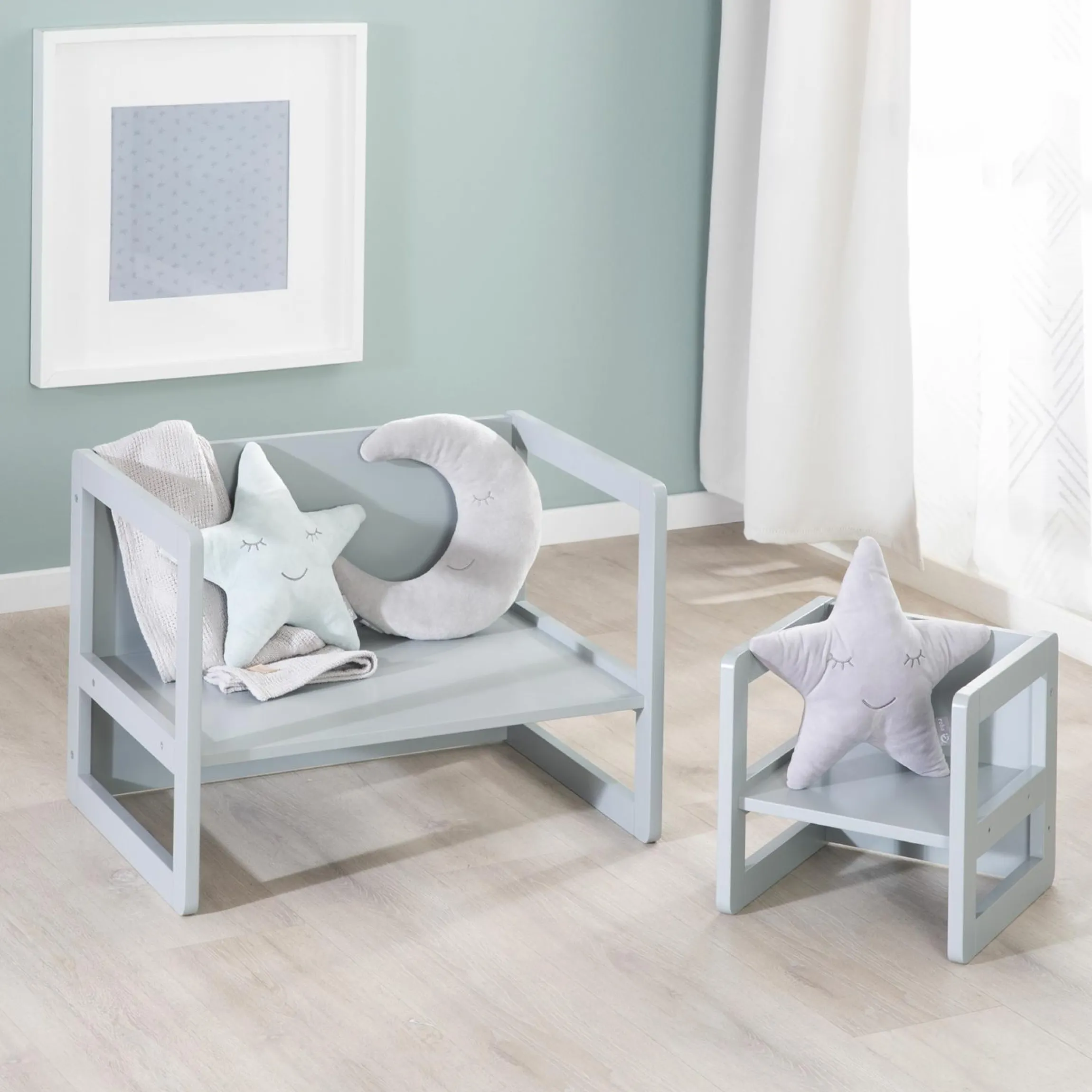 3in1 Kindersitzgruppe 1 Sitzbank & 1 Sitzhocker - Montessori - Grau