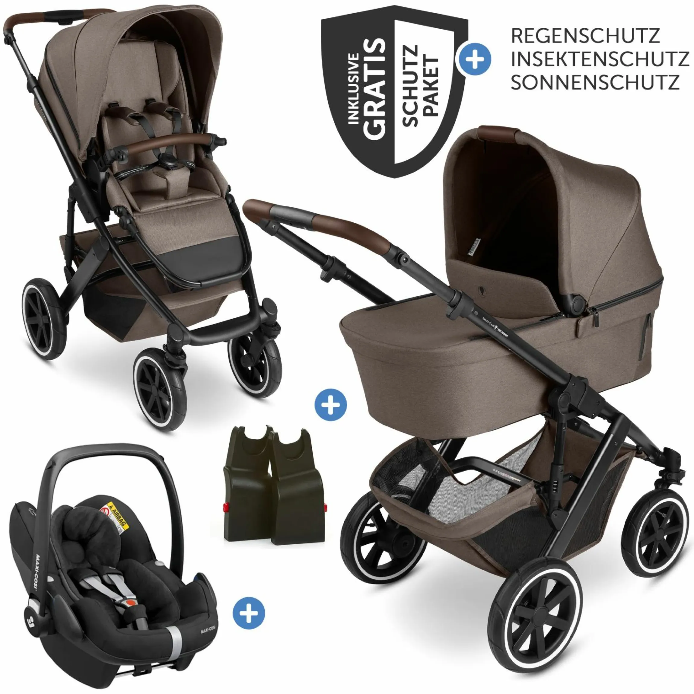 3in1 Kinderwagen-Set Salsa 5 Air - inkl. Babywanne, Autositz Pebble Pro, Sportsitz mit XXL Zubehörpaket - Pure - Nature
