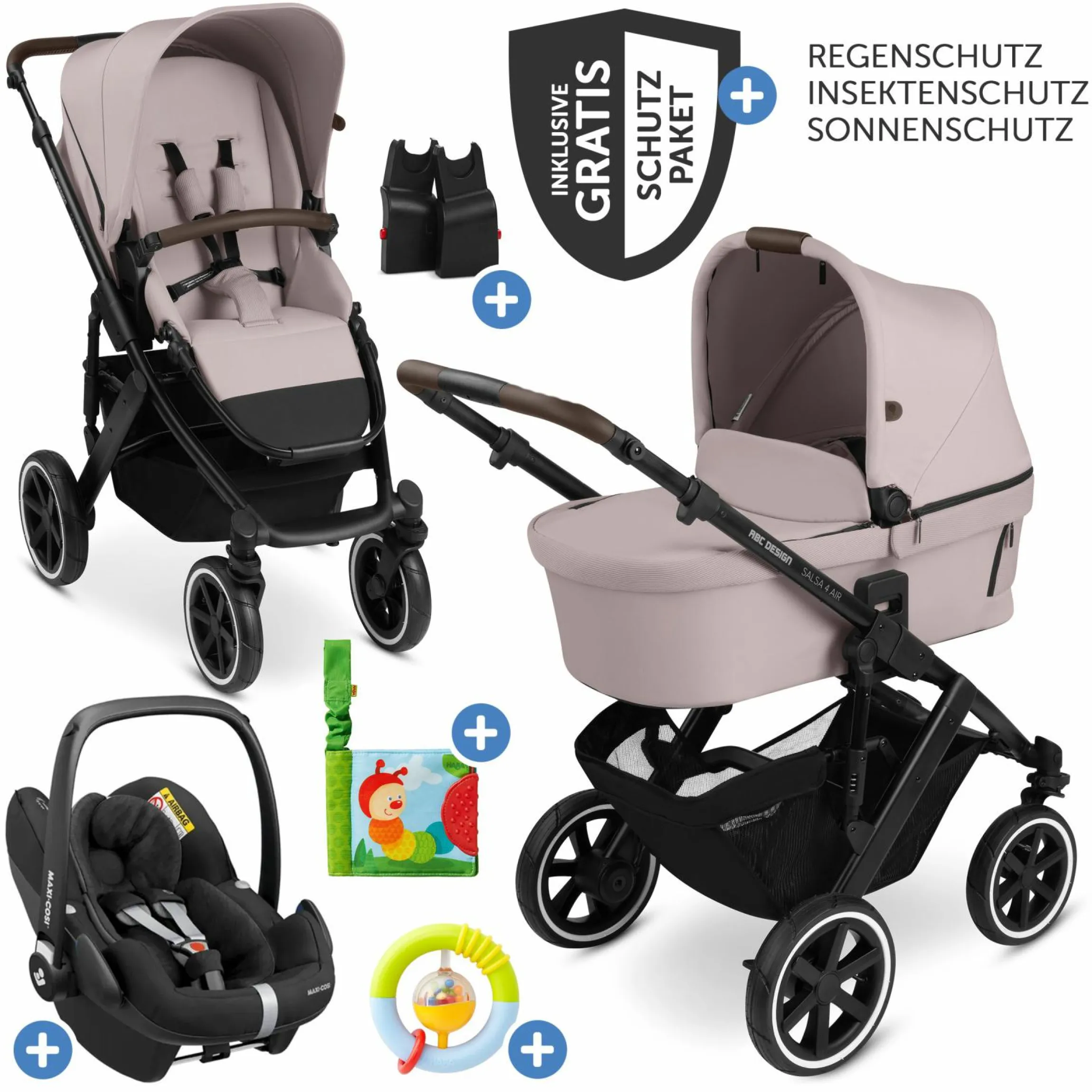 3in1 Kinderwagen-Set Salsa 4 Air - inkl. Babywanne, Autositz Pebble Pro, Sportsitz, Greifling, Buggybuch und XXL Zubehörpaket - Pure Edition - Berry