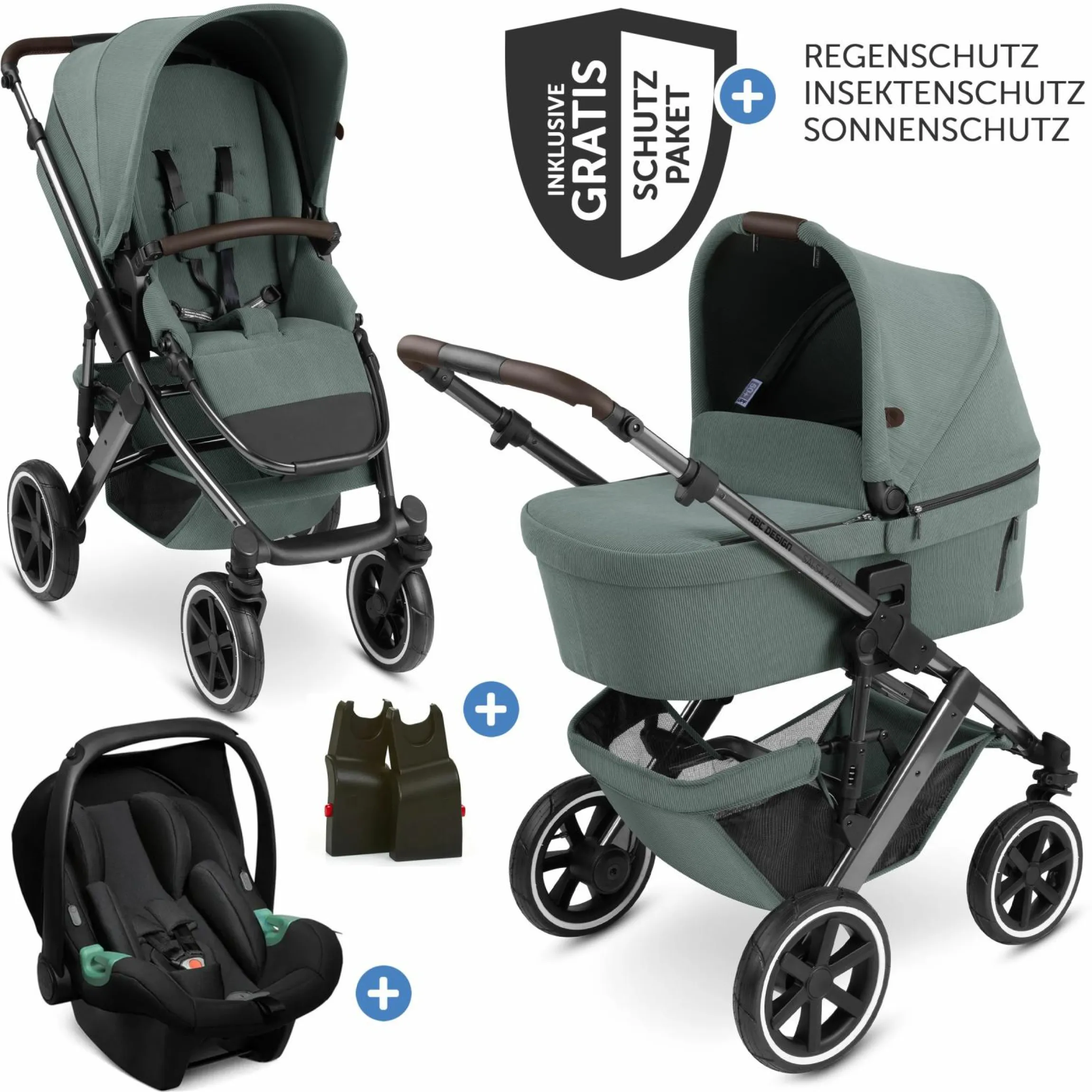 3in1 Kinderwagen-Set Salsa 4 Air - inkl. Babywanne, Babyschale Tulip, Sportsitz mit XXL Zubehörpaket - Aloe