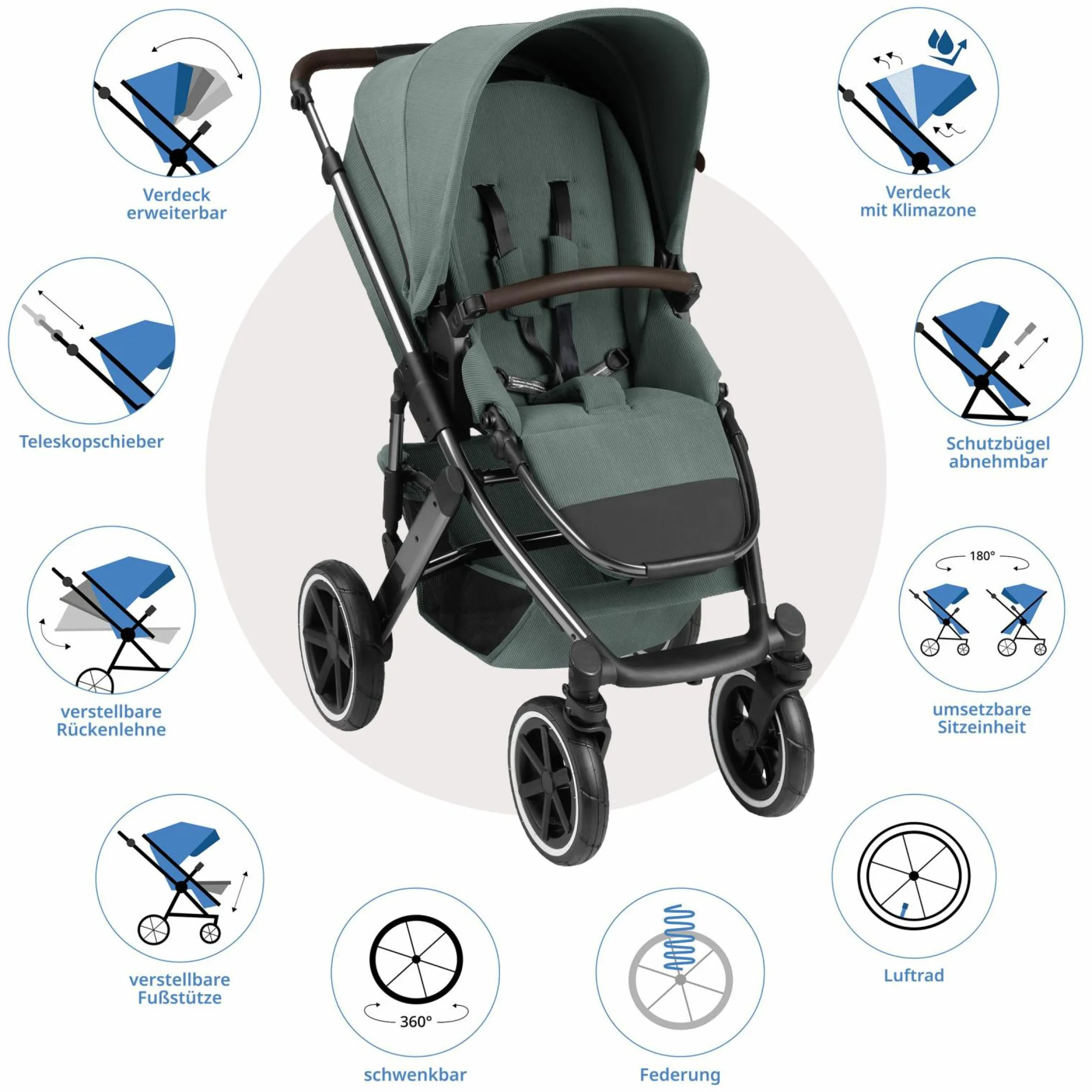 3in1 Kinderwagen-Set Salsa 4 Air - inkl. Babywanne, Babyschale Tulip, Sportsitz mit XXL Zubehörpaket - Aloe