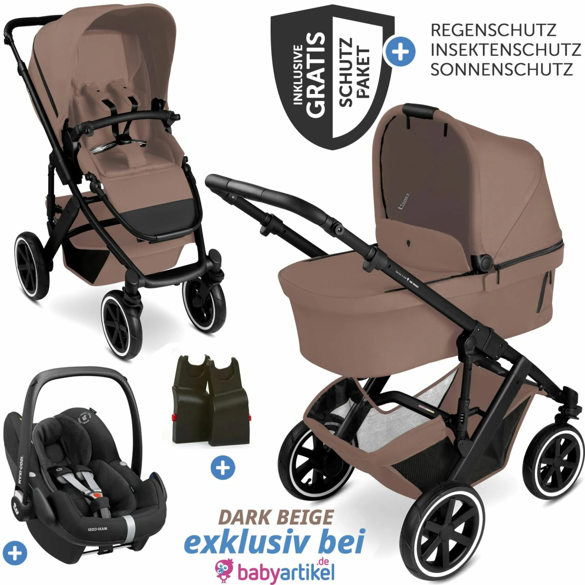3in1 Kinderwagen-Set Salsa 5 Air - inkl. Babywanne, Autositz Pebble Pro, Sportsitz mit XXL Zubehörpaket - Dark Beige