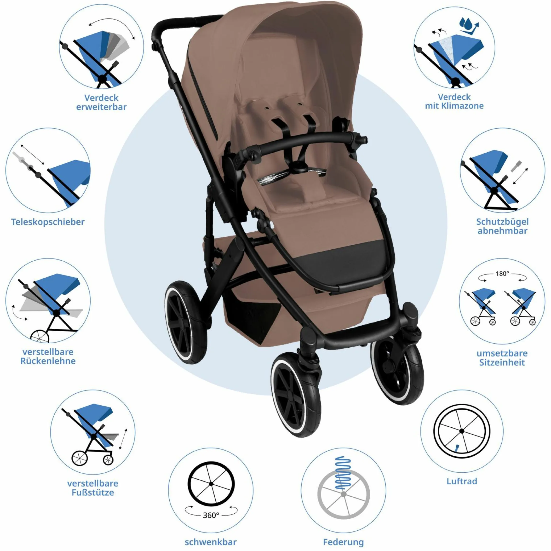 3in1 Kinderwagen-Set Salsa 5 Air - inkl. Babywanne, Autositz Pebble Pro, Sportsitz mit XXL Zubehörpaket - Dark Beige