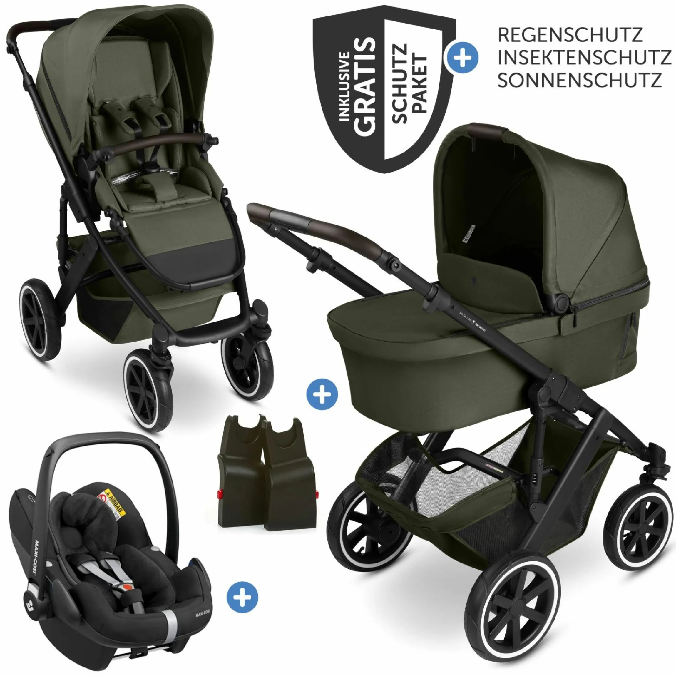3in1 Kinderwagen-Set Salsa 5 Air - inkl. Babywanne, Autositz Pebble Pro, Sportsitz mit XXL Zubehörpaket - Pure - Avocado