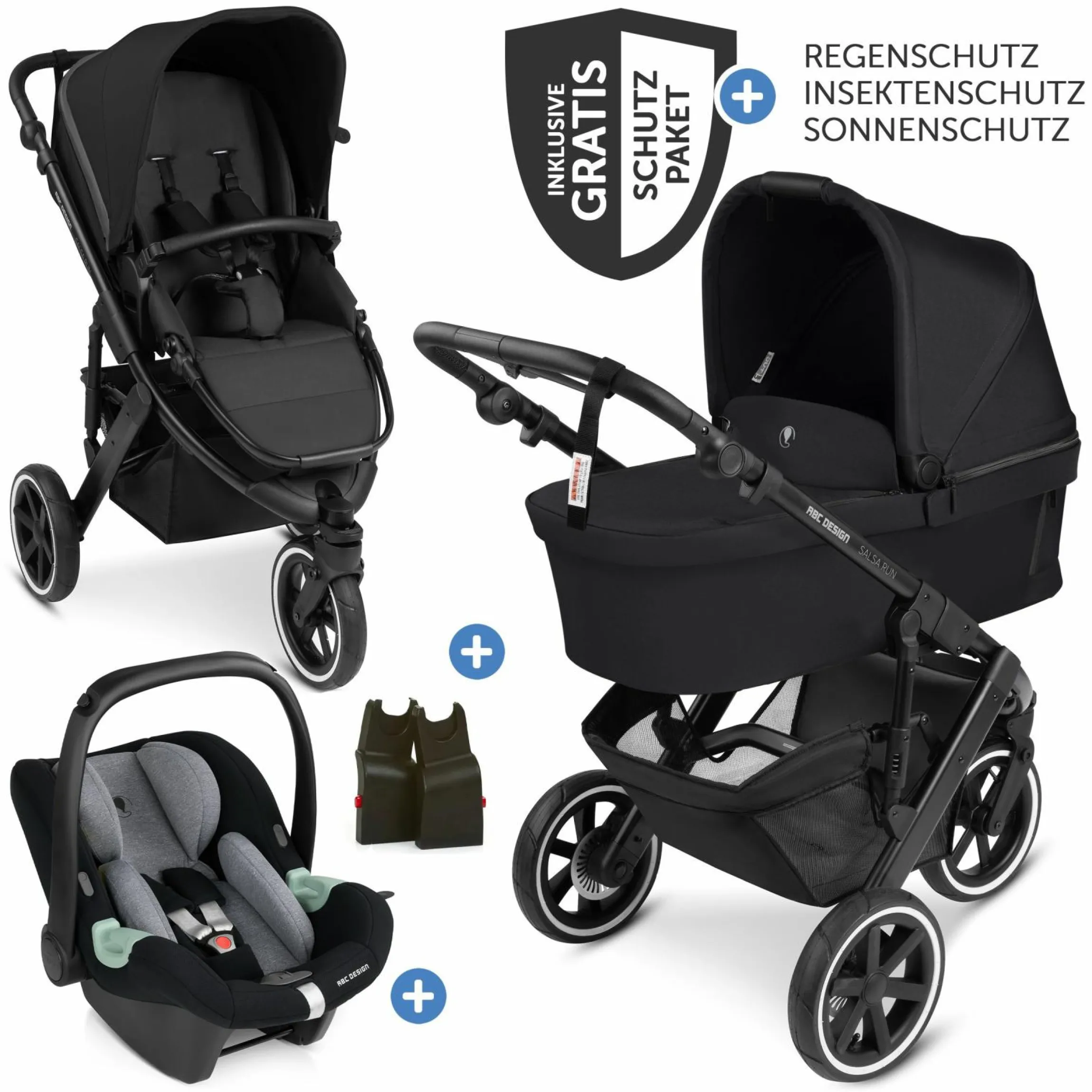 3in1 Kinderwagen-Set Salsa Run - Babywanne, Babyschale Tulip, Sportsitz & XXL Zubheörpaket (mit Sportzulassung, Luftbereifung & Handbremse) - Ink