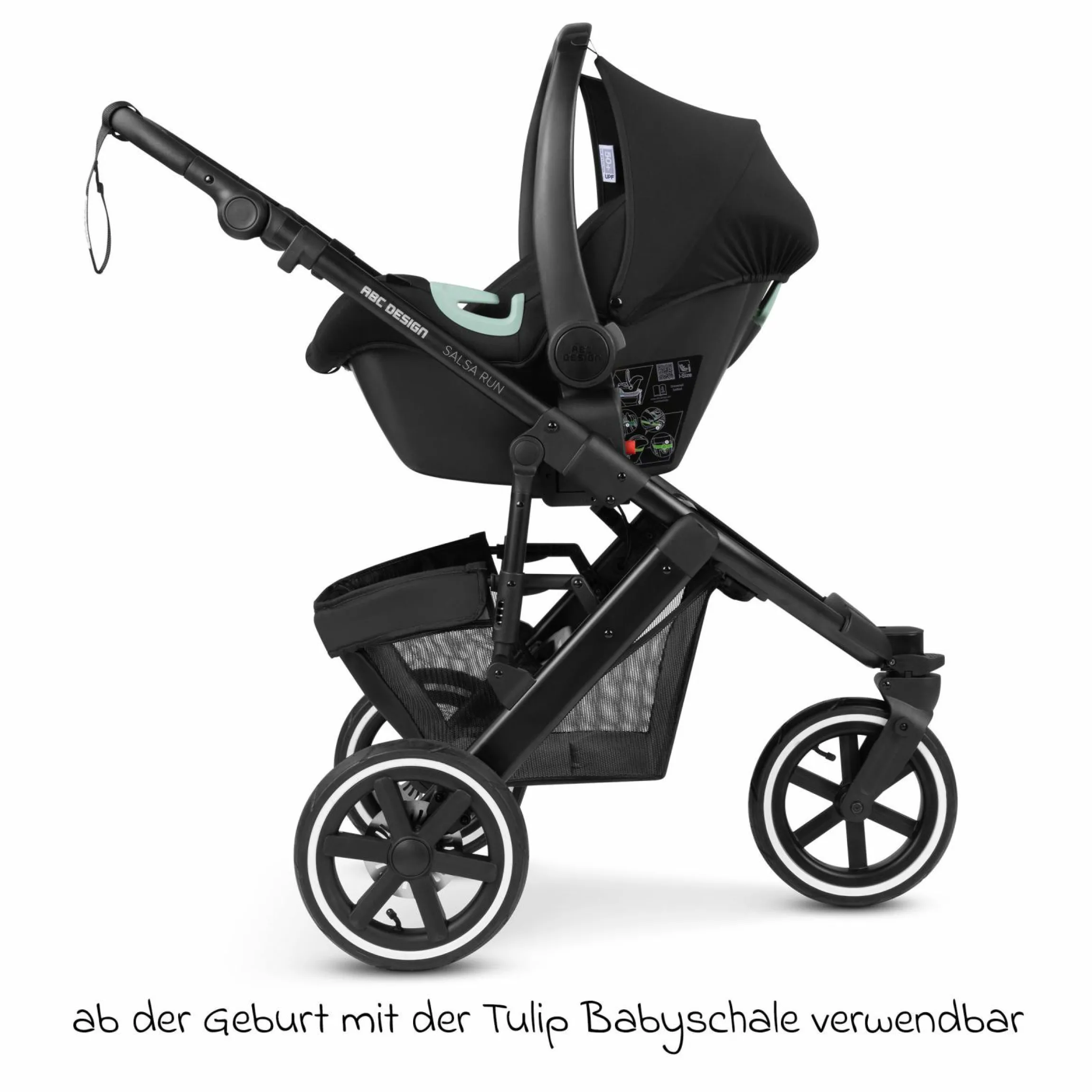 3in1 Kinderwagen-Set Salsa Run - Babywanne, Babyschale Tulip, Sportsitz & XXL Zubheörpaket (mit Sportzulassung, Luftbereifung & Handbremse) - Ink