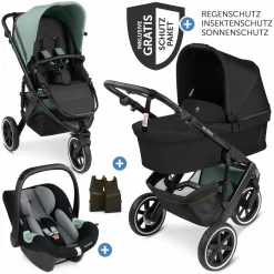 3in1 Kinderwagen-Set Salsa Run - Babywanne, Babyschale Tulip, Sportsitz & XXL Zubheörpaket (mit Sportzulassung, Luftbereifung & Handbremse) - Aqua