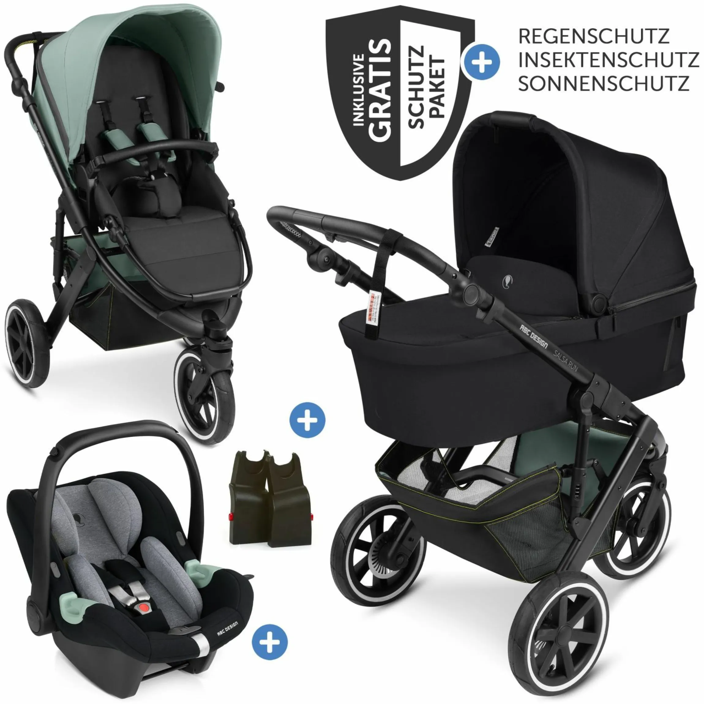 3in1 Kinderwagen-Set Salsa Run - Babywanne, Babyschale Tulip, Sportsitz & XXL Zubheörpaket (mit Sportzulassung, Luftbereifung & Handbremse) - Aqua