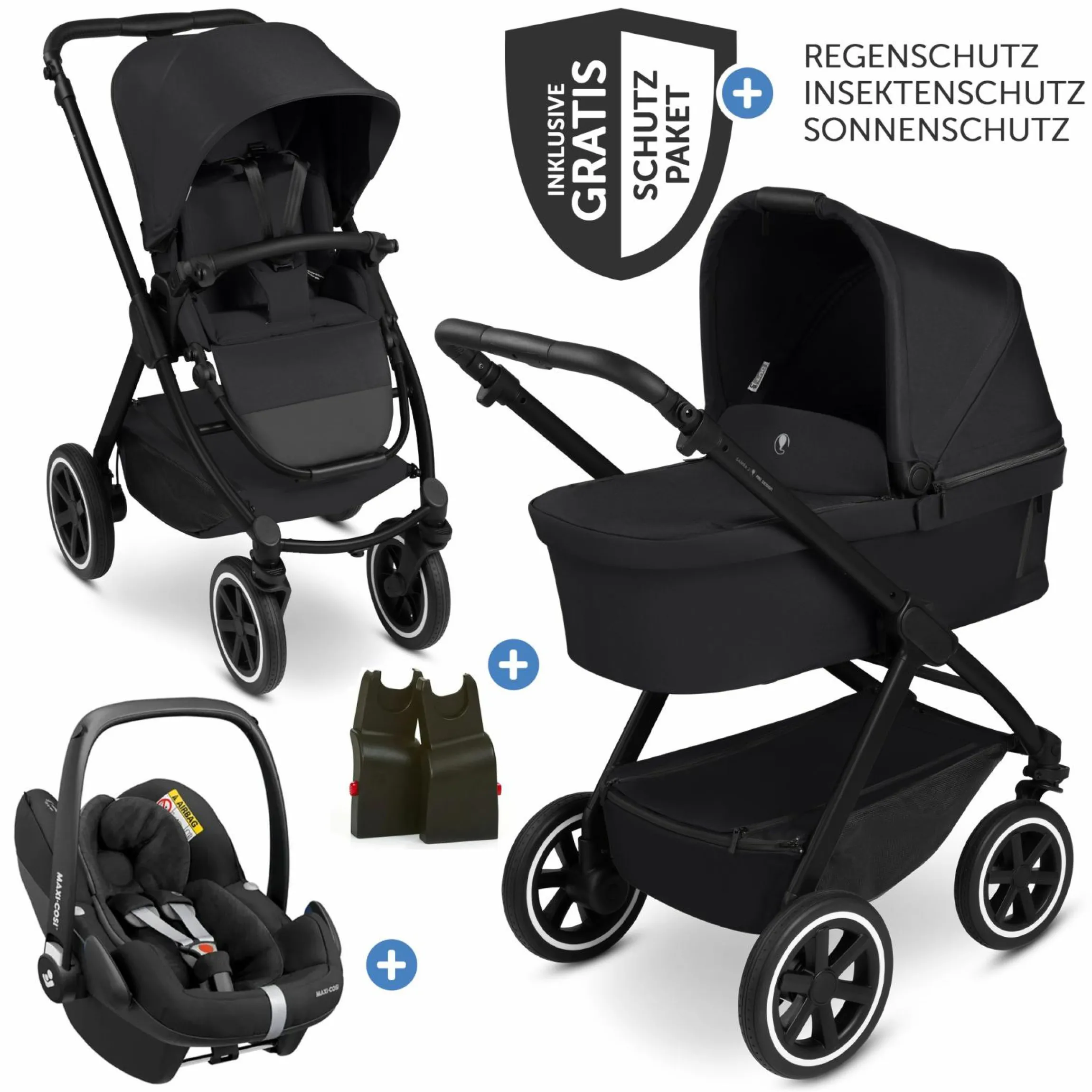3in1 Kinderwagen-Set Samba 2 - inkl. Babywanne, Autositz Pebble Pro, Sportsitz mit XXL Zubehörpaket - Pure - Coal