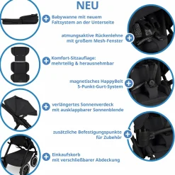3in1 Kinderwagen-Set Samba 2 - inkl. Babywanne, Autositz Pebble Pro, Sportsitz mit XXL Zubehörpaket - Pure - Coal