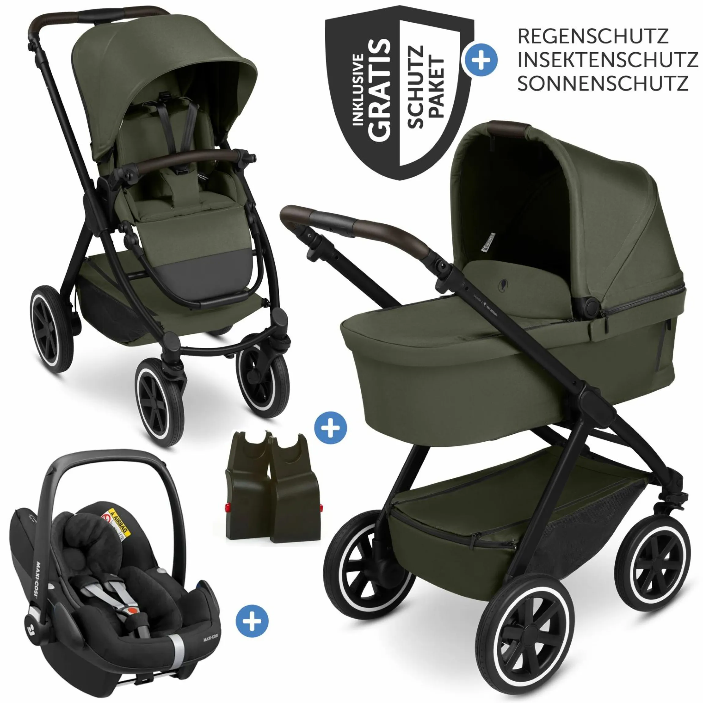 3in1 Kinderwagen-Set Samba 2 - inkl. Babywanne, Autositz Pebble Pro, Sportsitz mit XXL Zubehörpaket - Pure - Avocado