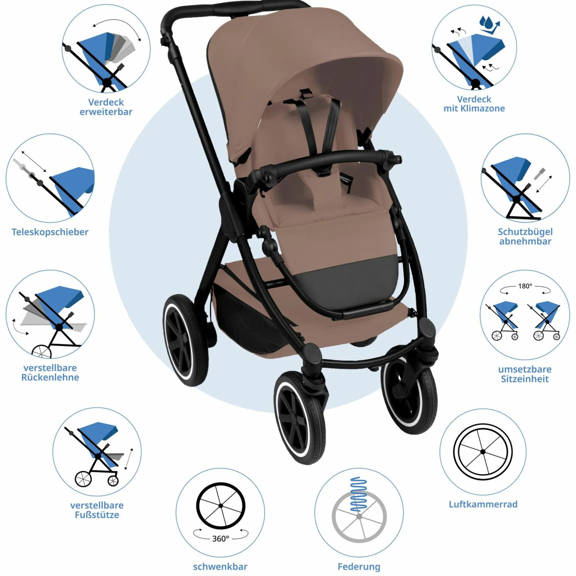 3in1 Kinderwagen-Set Samba 2 - inkl. Babywanne, Autositz Pebble Pro, Sportsitz mit XXL Zubehörpaket - Dark Beige
