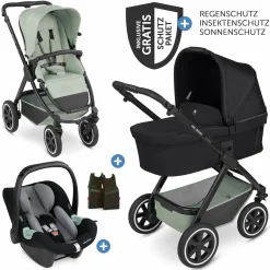 3in1 Kinderwagen-Set Samba inkl. Babywanne, Babyschale Tulip, Sportsitz & XXL Zubehörpaket - Pine