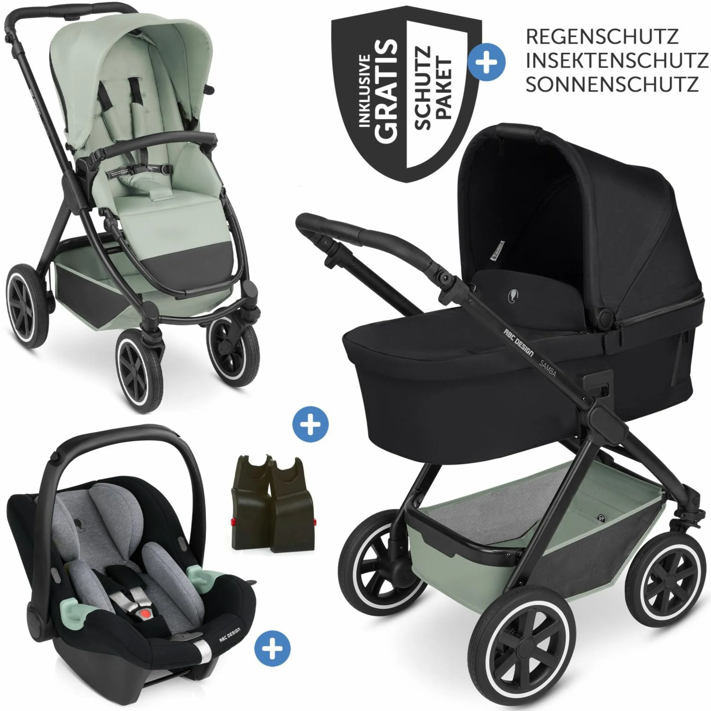 3in1 Kinderwagen-Set Samba inkl. Babywanne, Babyschale Tulip, Sportsitz & XXL Zubehörpaket - Pine