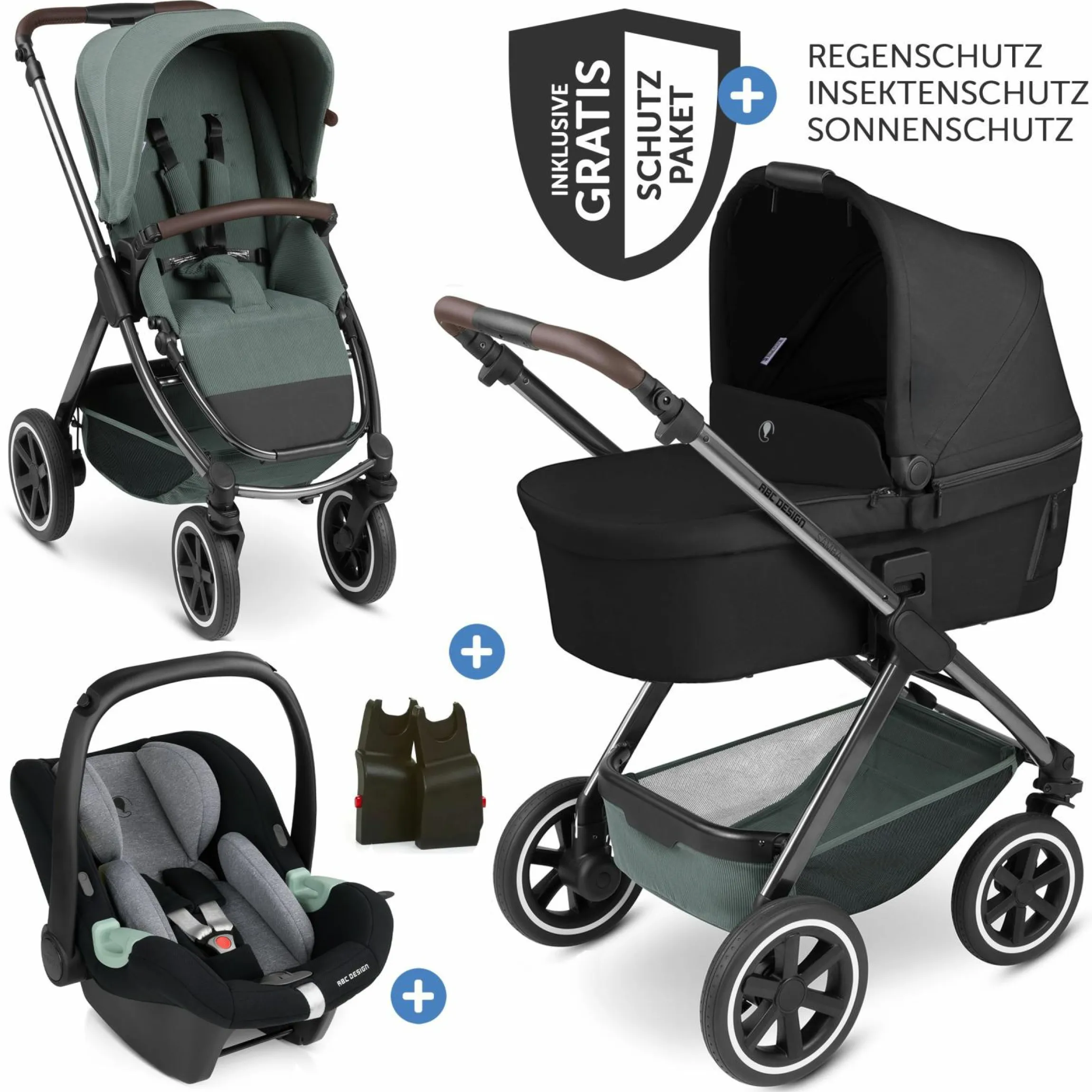 3in1 Kinderwagen-Set Samba inkl. Babywanne, Babyschale Tulip, Sportsitz & XXL Zubehörpaket - Aloe