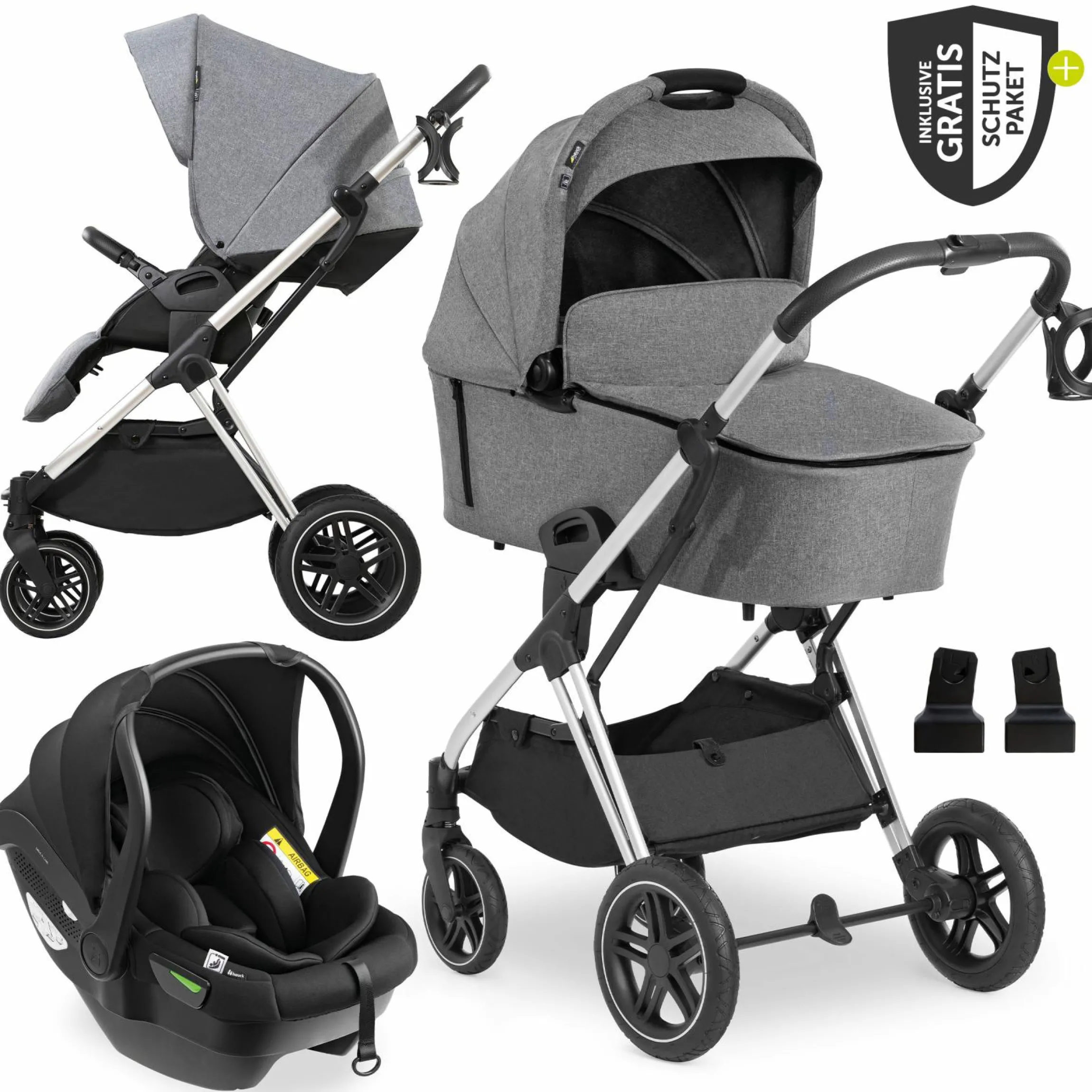 3in1 Kinderwagen-Set Vision X Trio Set Black - inkl. i-Size Babyschale Drive N Care & XXL Zubehörpaket - Melange Grey