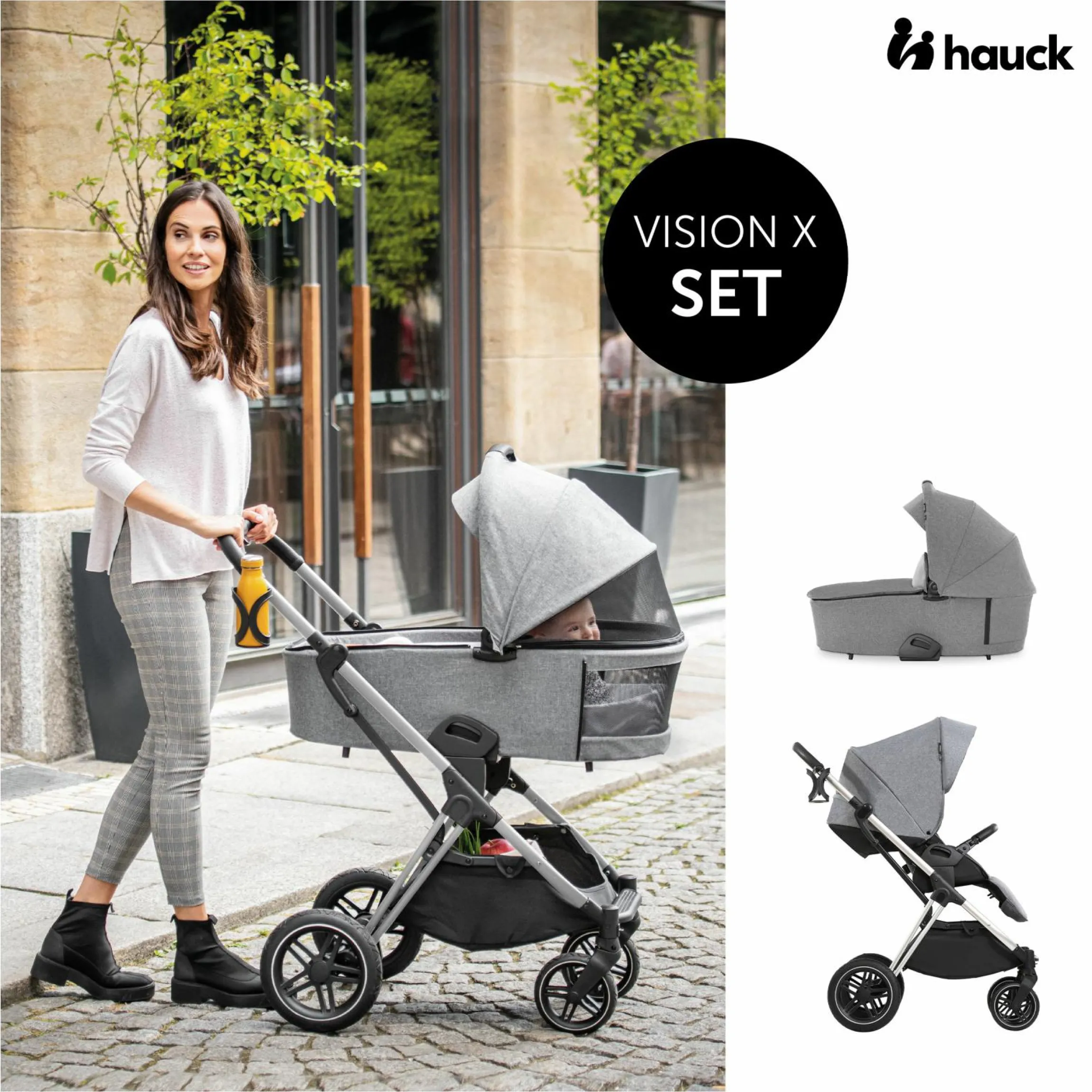 3in1 Kinderwagen-Set Vision X Trio Set Black - inkl. i-Size Babyschale Drive N Care & XXL Zubehörpaket - Melange Grey