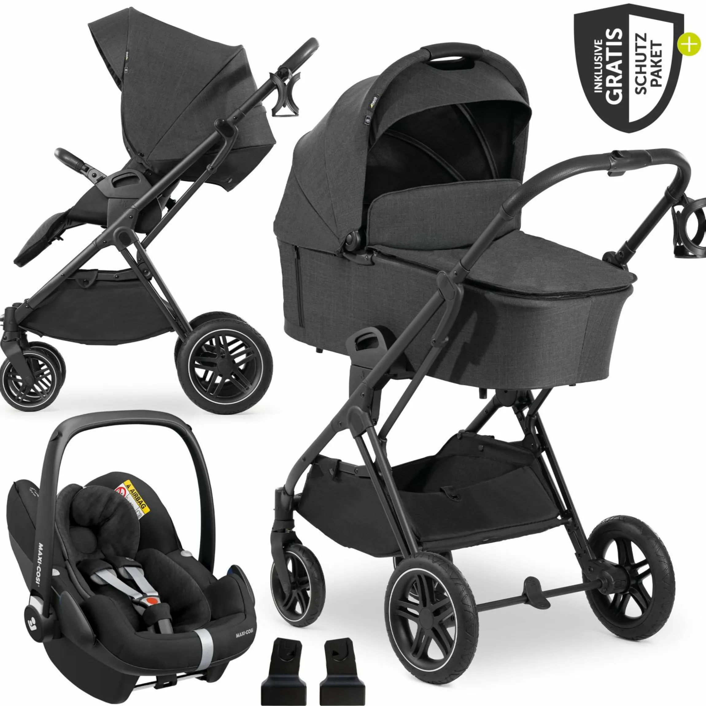 3in1 Kinderwagen-Set Vision X Trio Set Black - inkl. Maxi-Cosi i-Size Pebble Pro & XXL Zubehörpaket - Melange Black