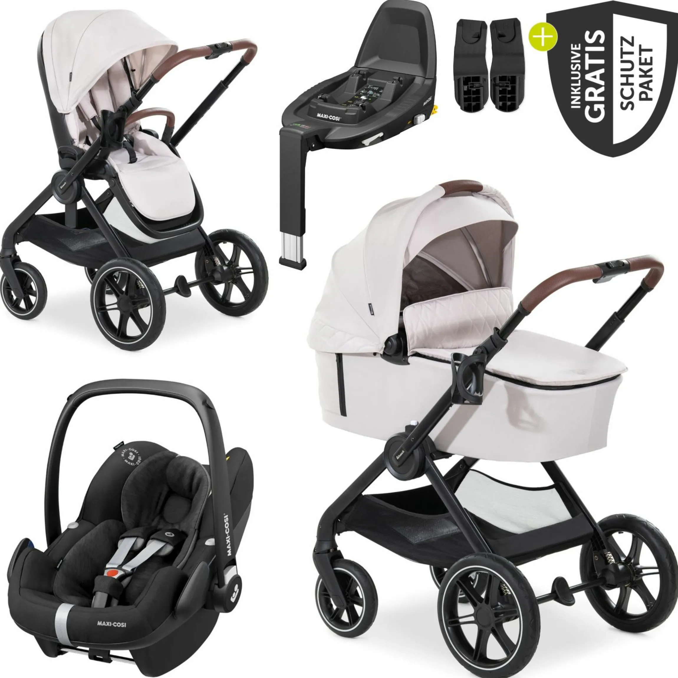 4in1 Kinderwagen-Set Walk N Care Trio Set inkl. Maxi-Cosi i-Size Pebble Pro & Isofix Basis FamilyFix3 & XXL Zubehörset - Beige