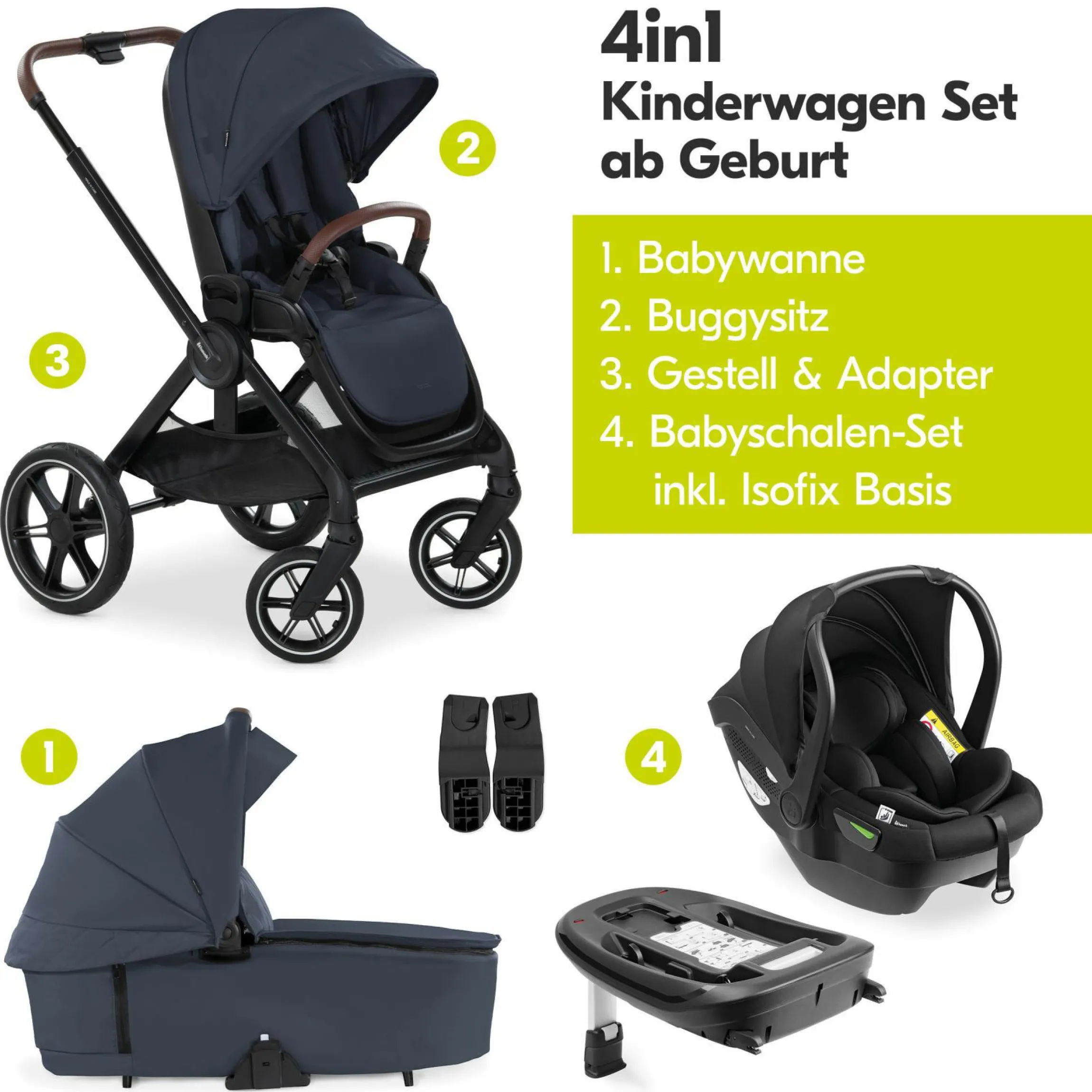 4in1 Kinderwagen-Set Walk N Care Trio Set inkl. i-Size Babyschale & Isofix Base & XXL Zubehörset - Dark Navy Blue