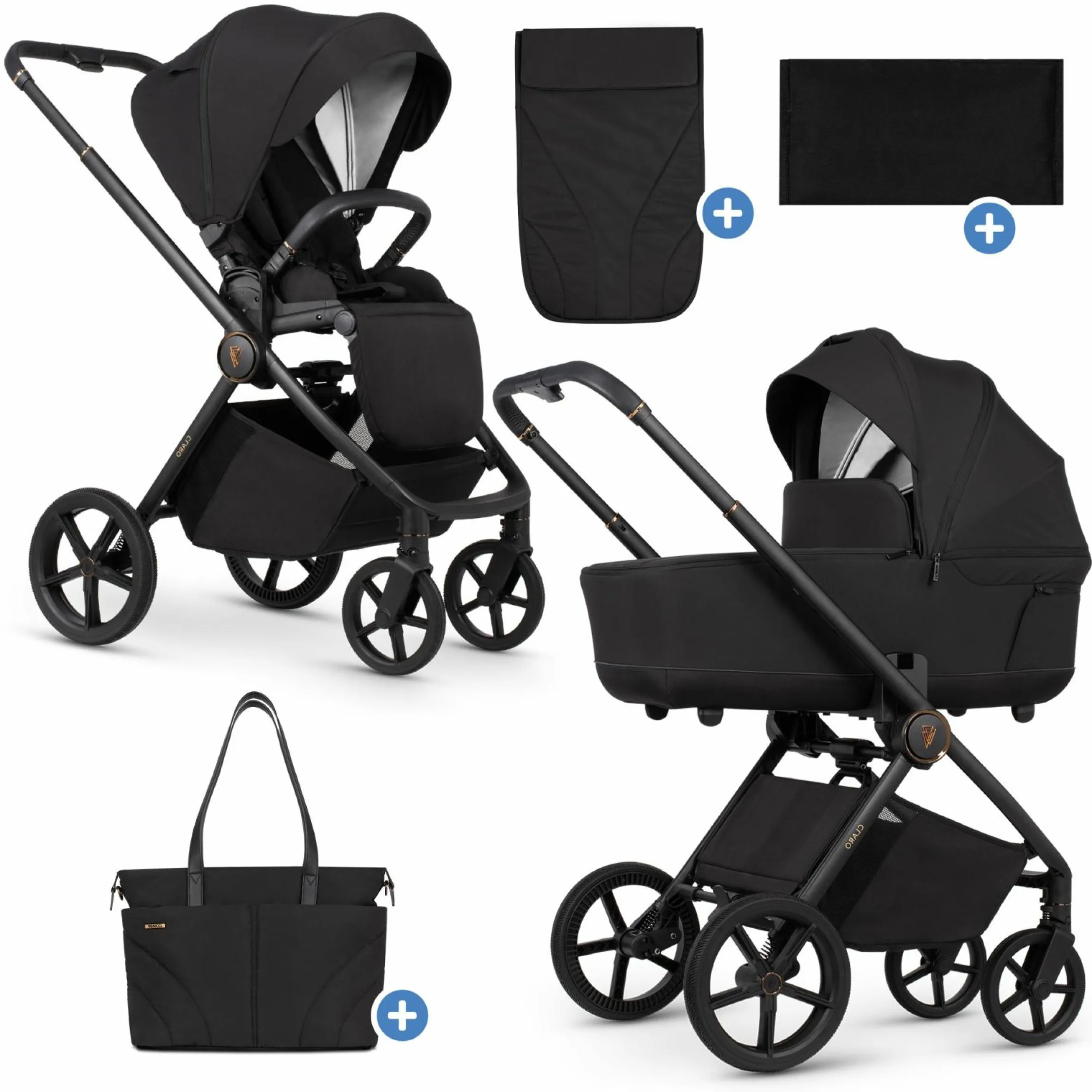 2in1 Kombi-Kinderwagen Claro bis 22 kg mit Babywanne, Sportsitz, Teleskopschieber, Liegeposition inkl. Regenschutz, Beindecke & Wickeltasche mit Wickeunterlage - Noir - Kollektion 2025