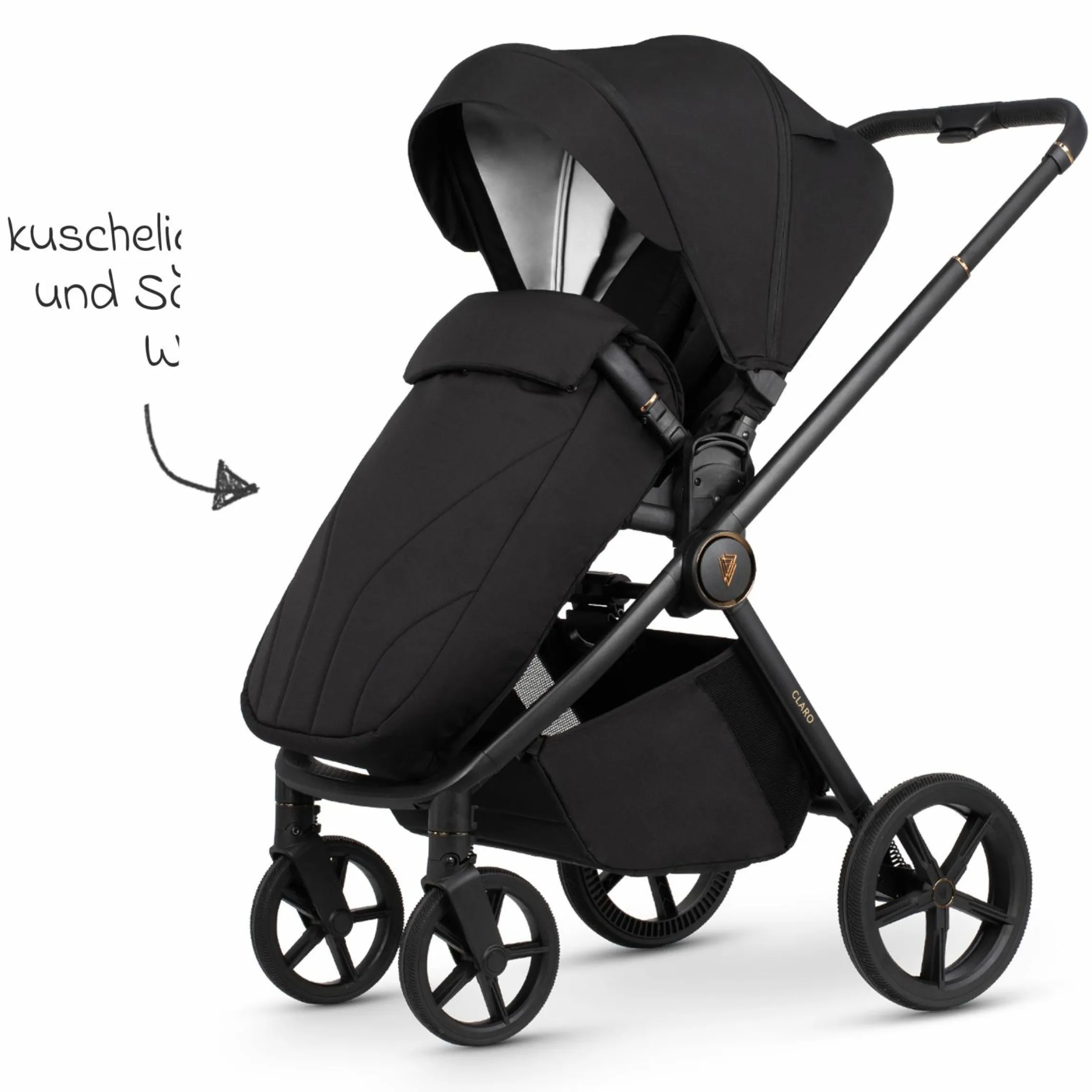 2in1 Kombi-Kinderwagen Claro bis 22 kg mit Babywanne, Sportsitz, Teleskopschieber, Liegeposition inkl. Regenschutz, Beindecke & Wickeltasche mit Wickeunterlage - Noir - Kollektion 2025