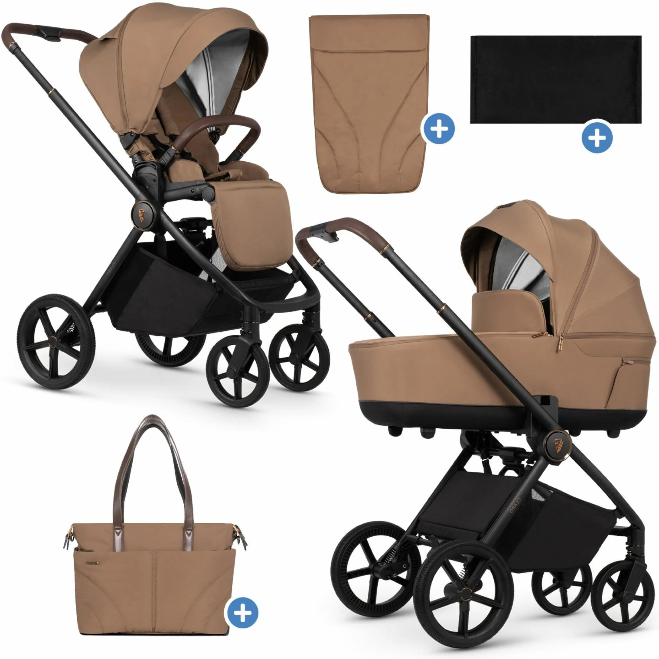 2in1 Kombi-Kinderwagen Claro bis 22 kg mit Babywanne, Sportsitz, Teleskopschieber, Liegeposition inkl. Regenschutz, Beindecke & Wickeltasche mit Wickeunterlage - Caramel - Kollektion 2025