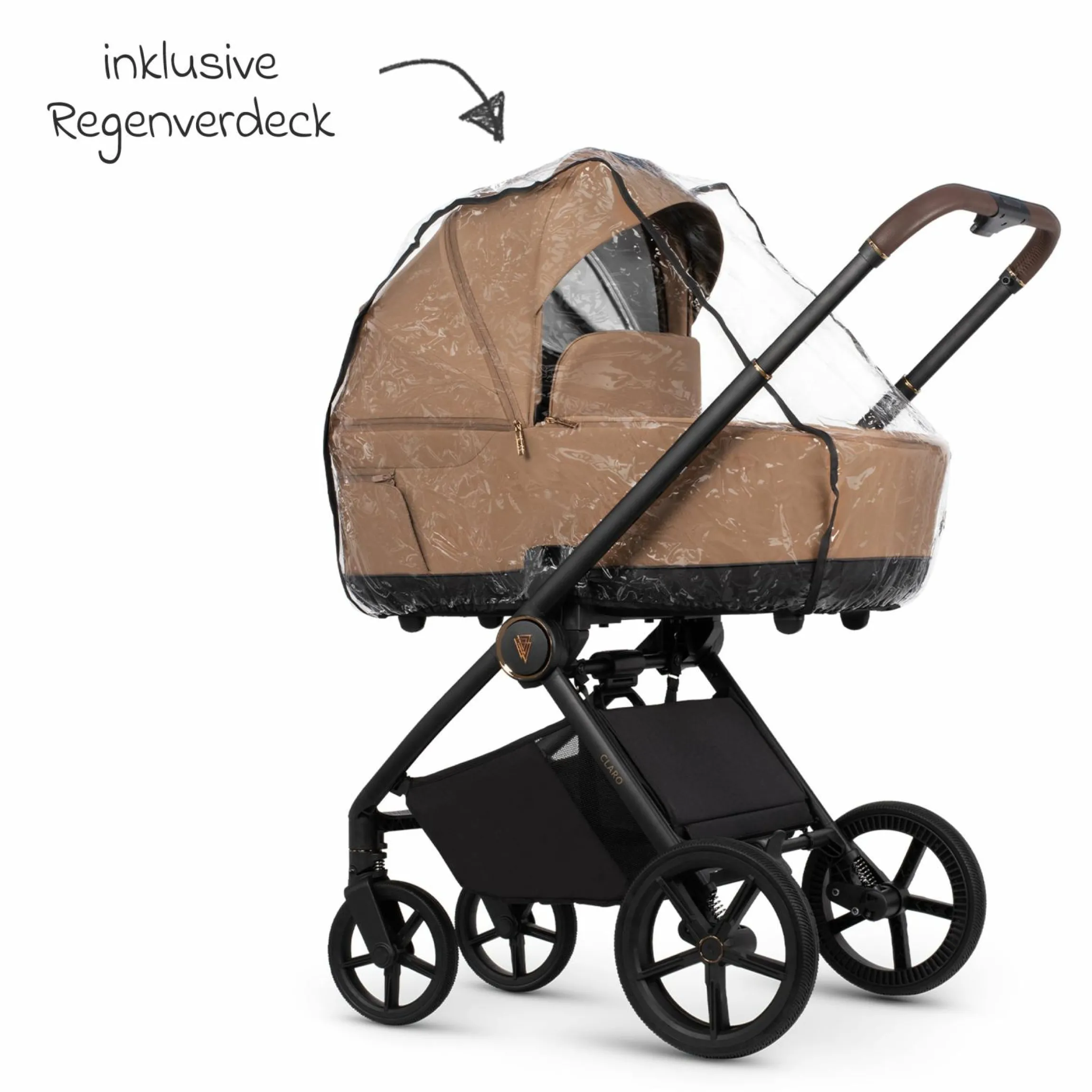 2in1 Kombi-Kinderwagen Claro bis 22 kg mit Babywanne, Sportsitz, Teleskopschieber, Liegeposition inkl. Regenschutz, Beindecke & Wickeltasche mit Wickeunterlage - Caramel - Kollektion 2025