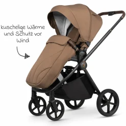 2in1 Kombi-Kinderwagen Claro bis 22 kg mit Babywanne, Sportsitz, Teleskopschieber, Liegeposition inkl. Regenschutz, Beindecke & Wickeltasche mit Wickeunterlage - Caramel - Kollektion 2025