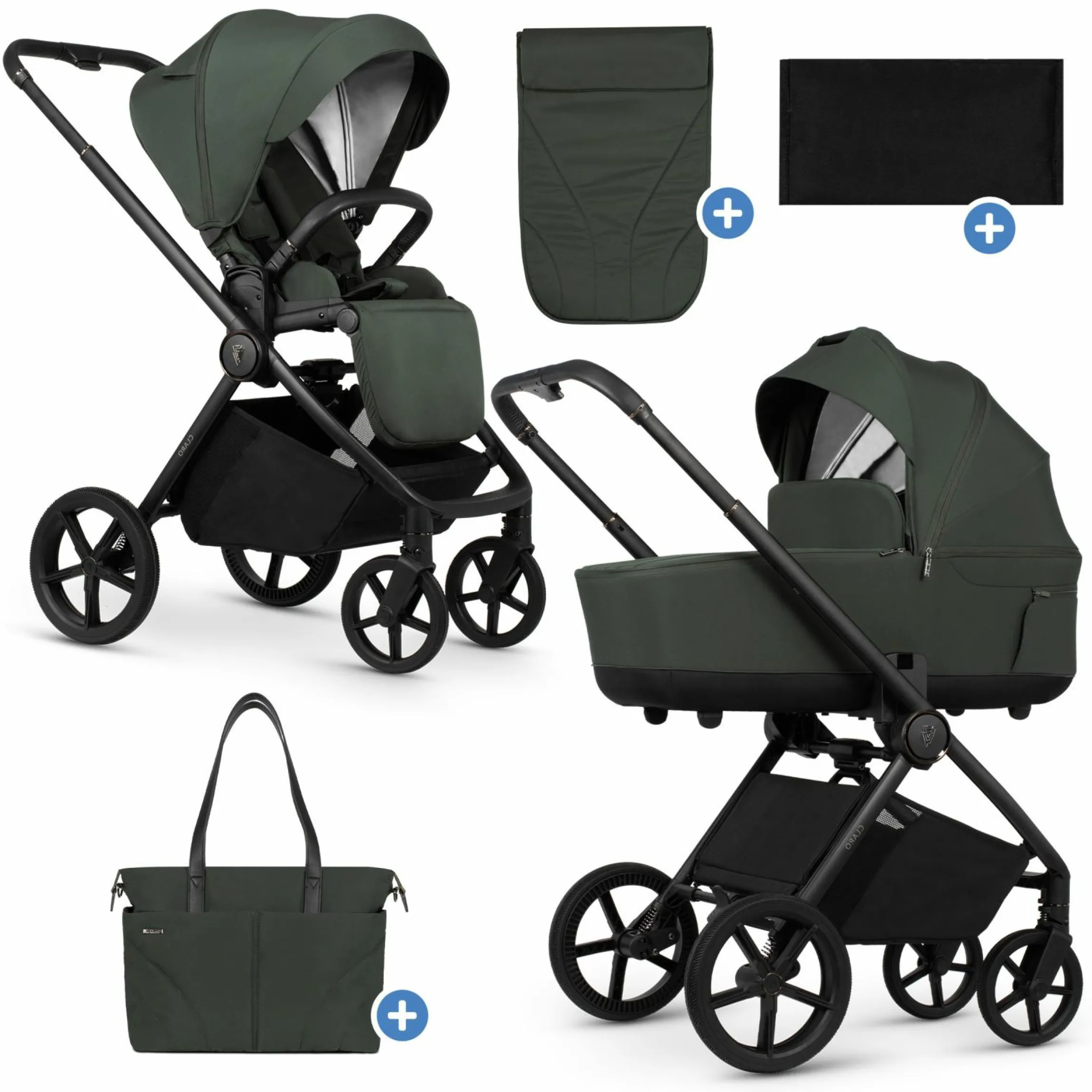 2in1 Kombi-Kinderwagen Claro bis 22 kg mit Babywanne, Sportsitz, Teleskopschieber, Liegeposition inkl. Regenschutz, Beindecke & Wickeltasche mit Wickeunterlage - Forest