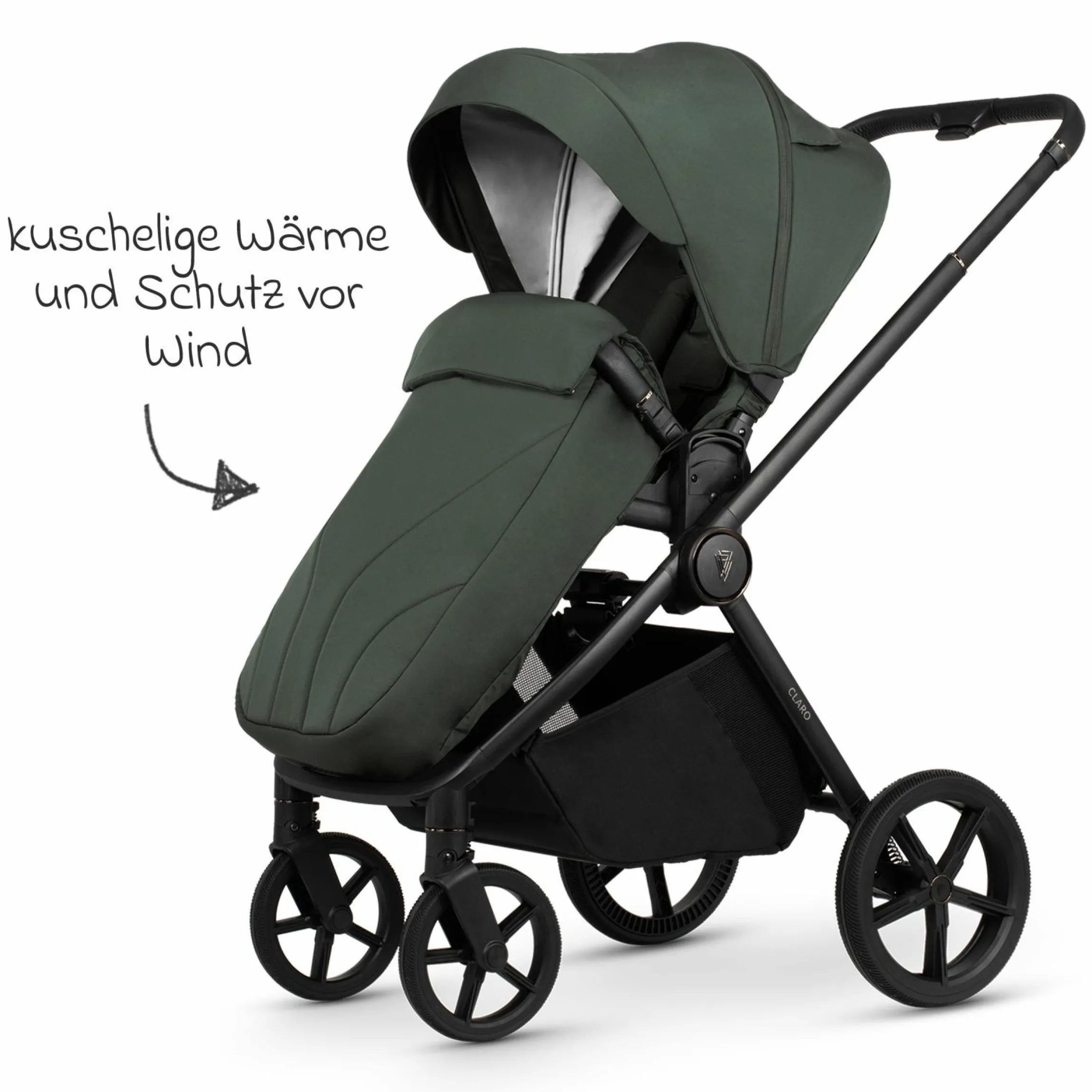 2in1 Kombi-Kinderwagen Claro bis 22 kg mit Babywanne, Sportsitz, Teleskopschieber, Liegeposition inkl. Regenschutz, Beindecke & Wickeltasche mit Wickeunterlage - Forest