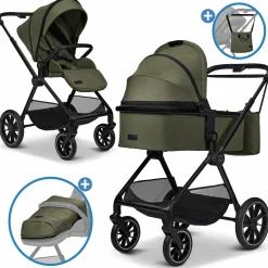 2in1 Kombi-Kinderwagen Clicc bis 22 kg mit Liegeposition, Babywanne, umsetzbare Sitzeinheit, Teleskopschieber inkl. Regenschutz, Wickeltasche, Fußsack & Adapter - Moss Melange
