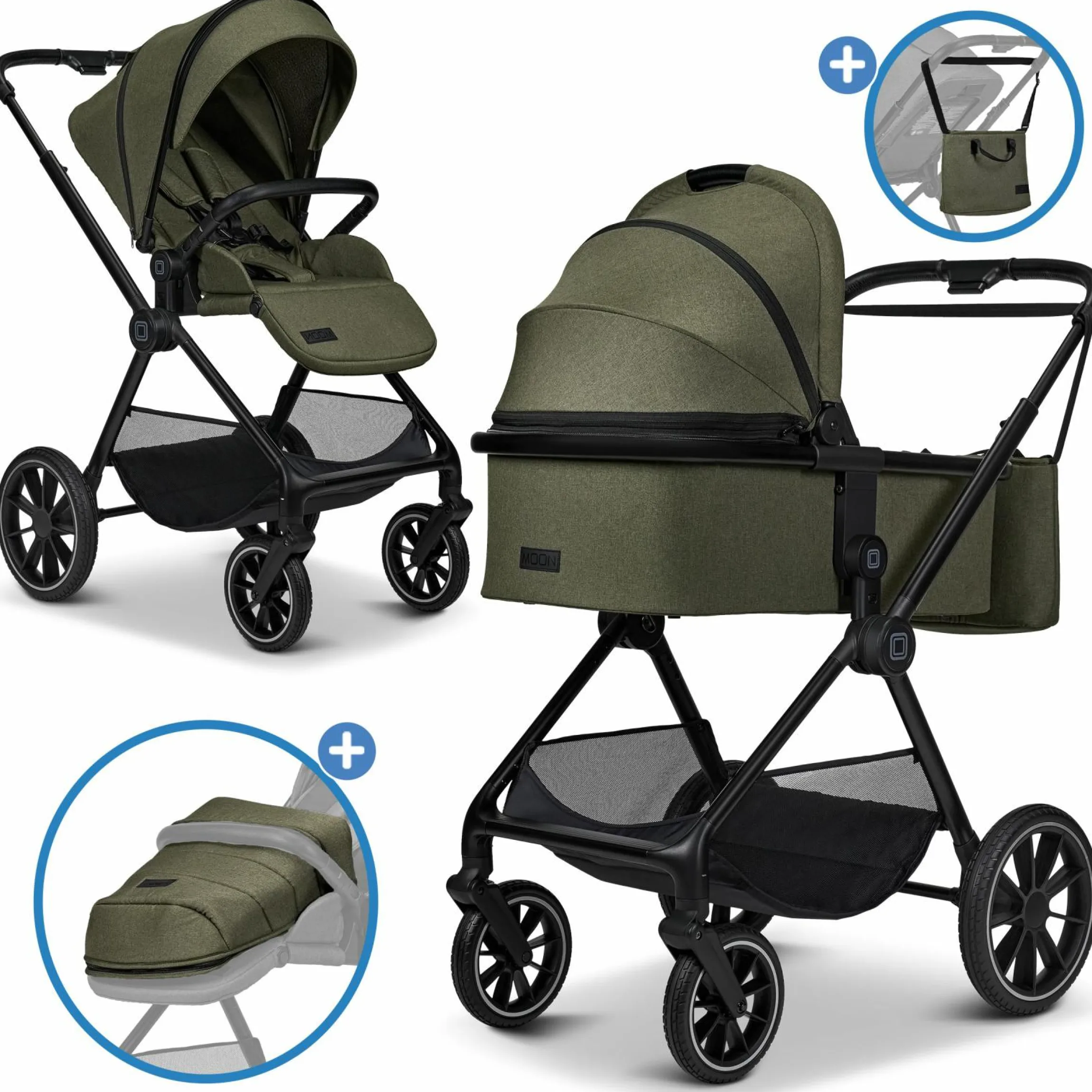 2in1 Kombi-Kinderwagen Clicc bis 22 kg mit Liegeposition, Babywanne, umsetzbare Sitzeinheit, Teleskopschieber inkl. Regenschutz, Wickeltasche, Fußsack & Adapter - Moss Melange