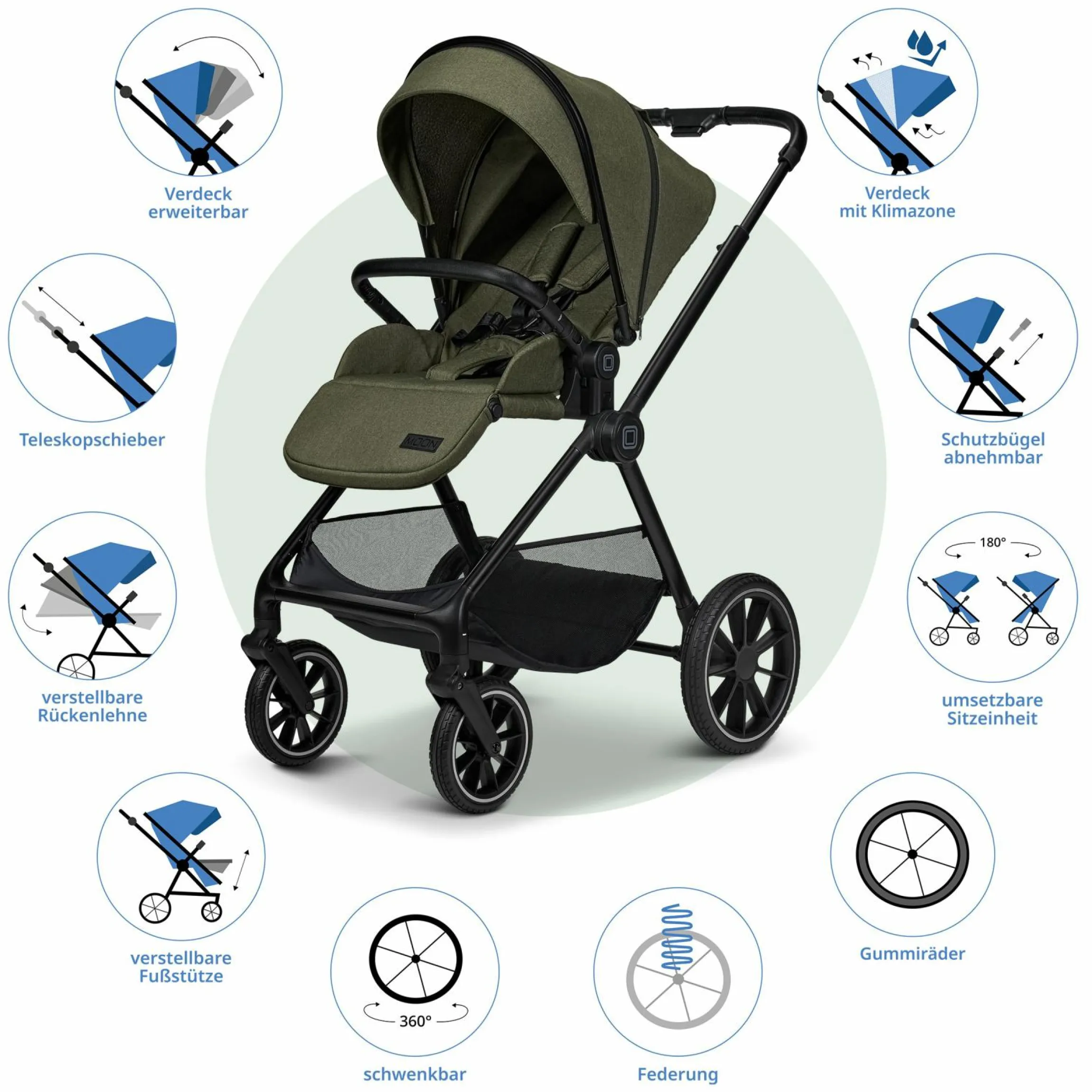 2in1 Kombi-Kinderwagen Clicc bis 22 kg mit Liegeposition, Babywanne, umsetzbare Sitzeinheit, Teleskopschieber inkl. Regenschutz, Wickeltasche, Fußsack & Adapter - Moss Melange