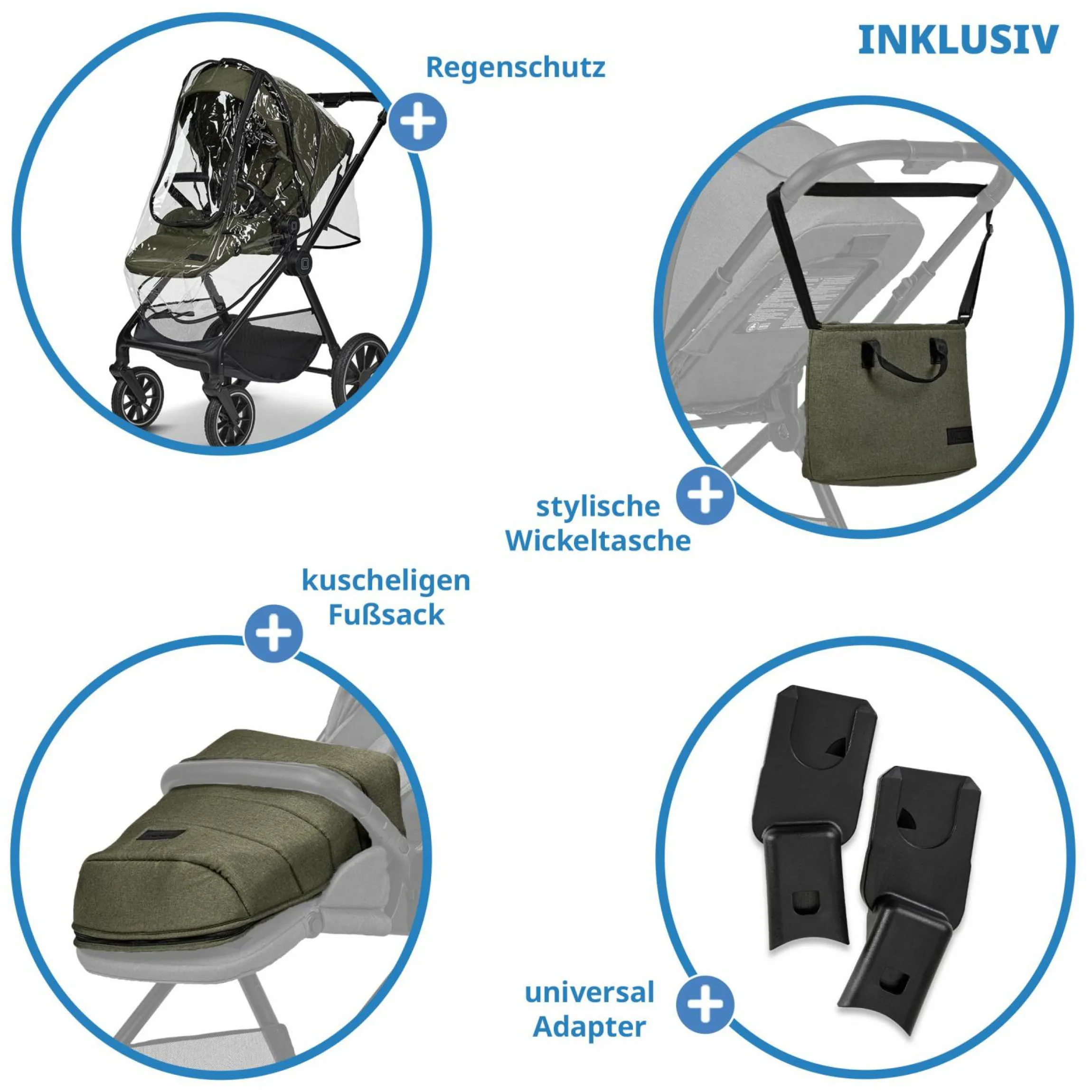 2in1 Kombi-Kinderwagen Clicc bis 22 kg mit Liegeposition, Babywanne, umsetzbare Sitzeinheit, Teleskopschieber inkl. Regenschutz, Wickeltasche, Fußsack & Adapter - Moss Melange
