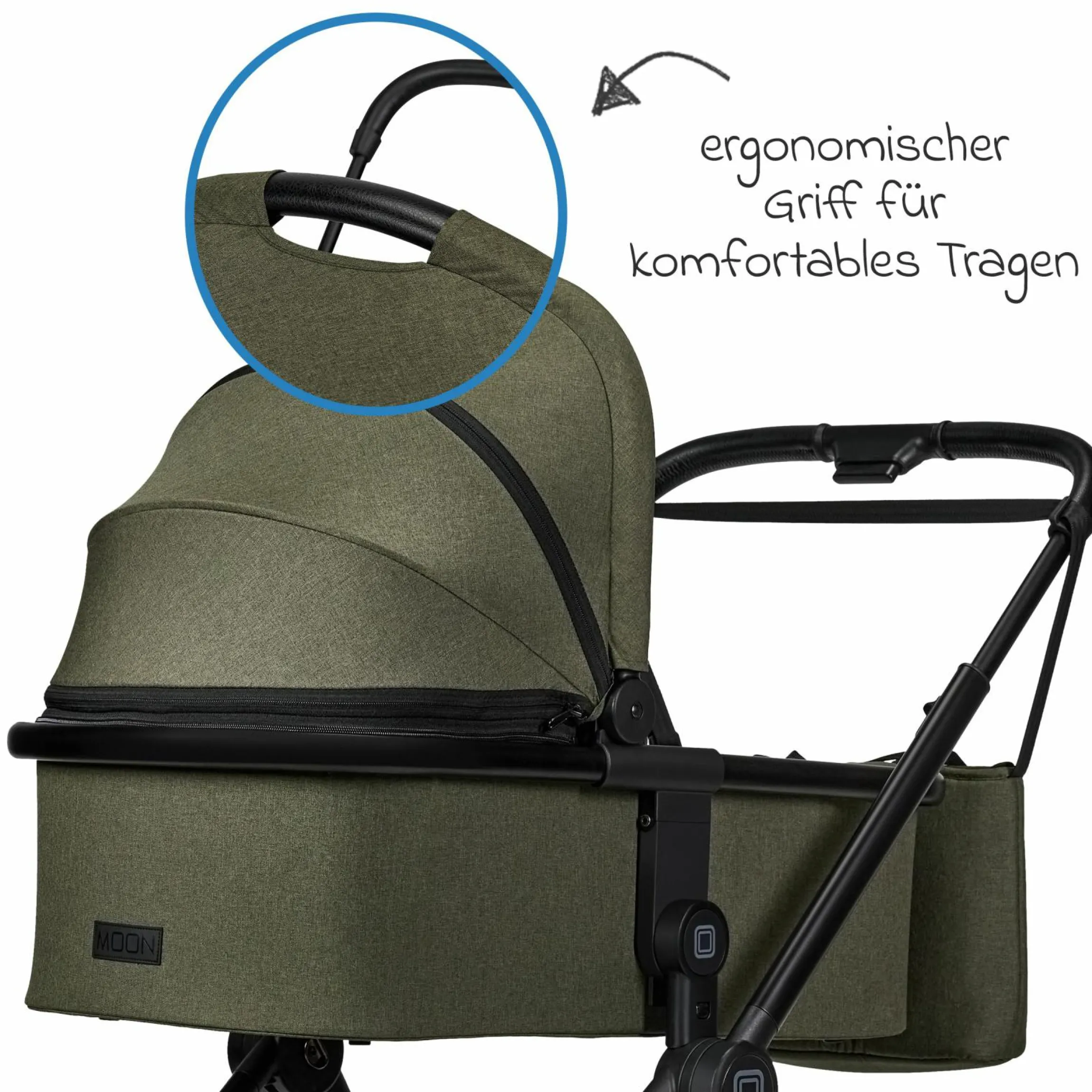 2in1 Kombi-Kinderwagen Clicc bis 22 kg mit Liegeposition, Babywanne, umsetzbare Sitzeinheit, Teleskopschieber inkl. Regenschutz, Wickeltasche, Fußsack & Adapter - Moss Melange