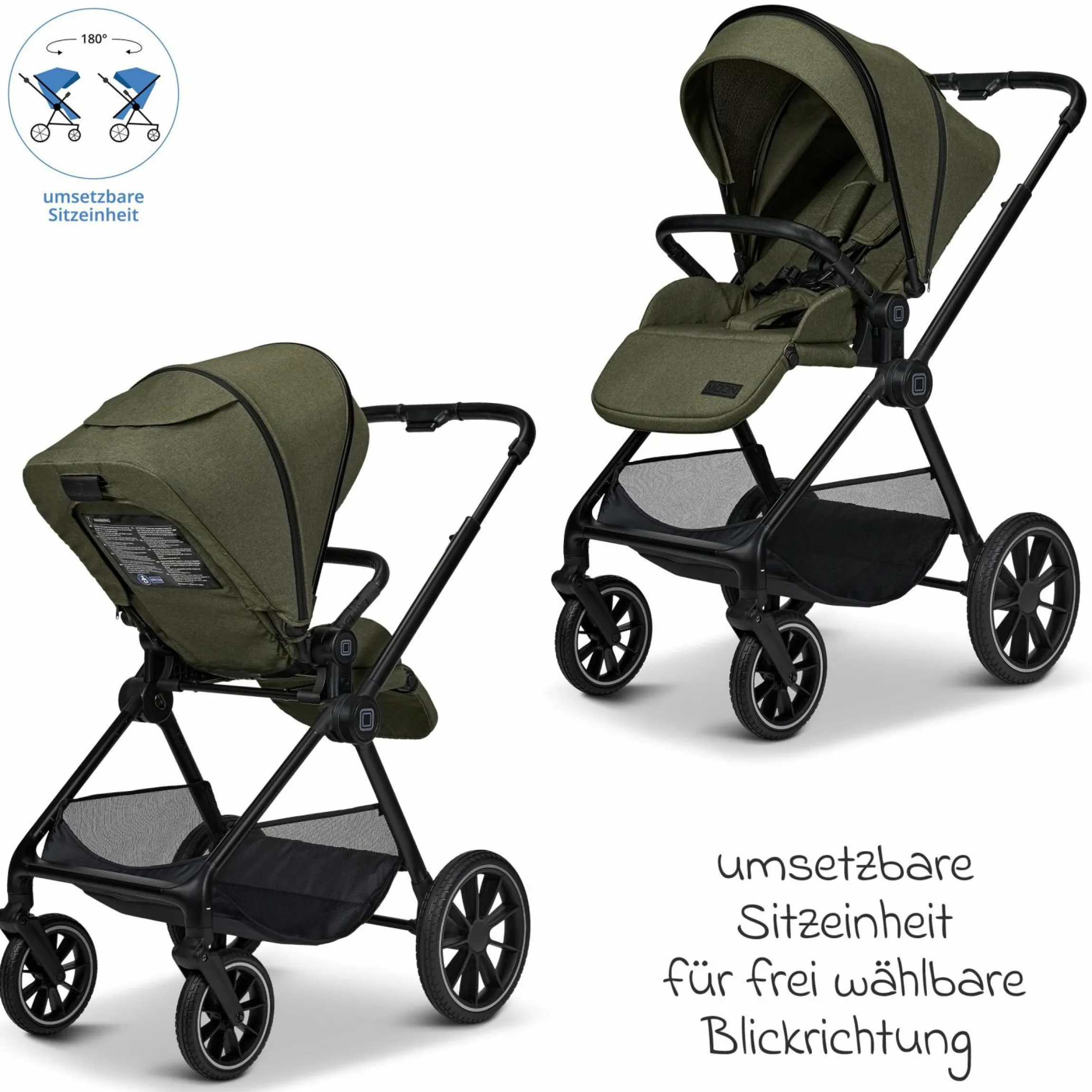 2in1 Kombi-Kinderwagen Clicc bis 22 kg mit Liegeposition, Babywanne, umsetzbare Sitzeinheit, Teleskopschieber inkl. Regenschutz, Wickeltasche, Fußsack & Adapter - Moss Melange