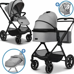 2in1 Kombi-Kinderwagen Clicc bis 22 kg mit Liegeposition, Babywanne, umsetzbare Sitzeinheit, Teleskopschieber inkl. Regenschutz, Wickeltasche, Fußsack & Adapter - Stone Melange