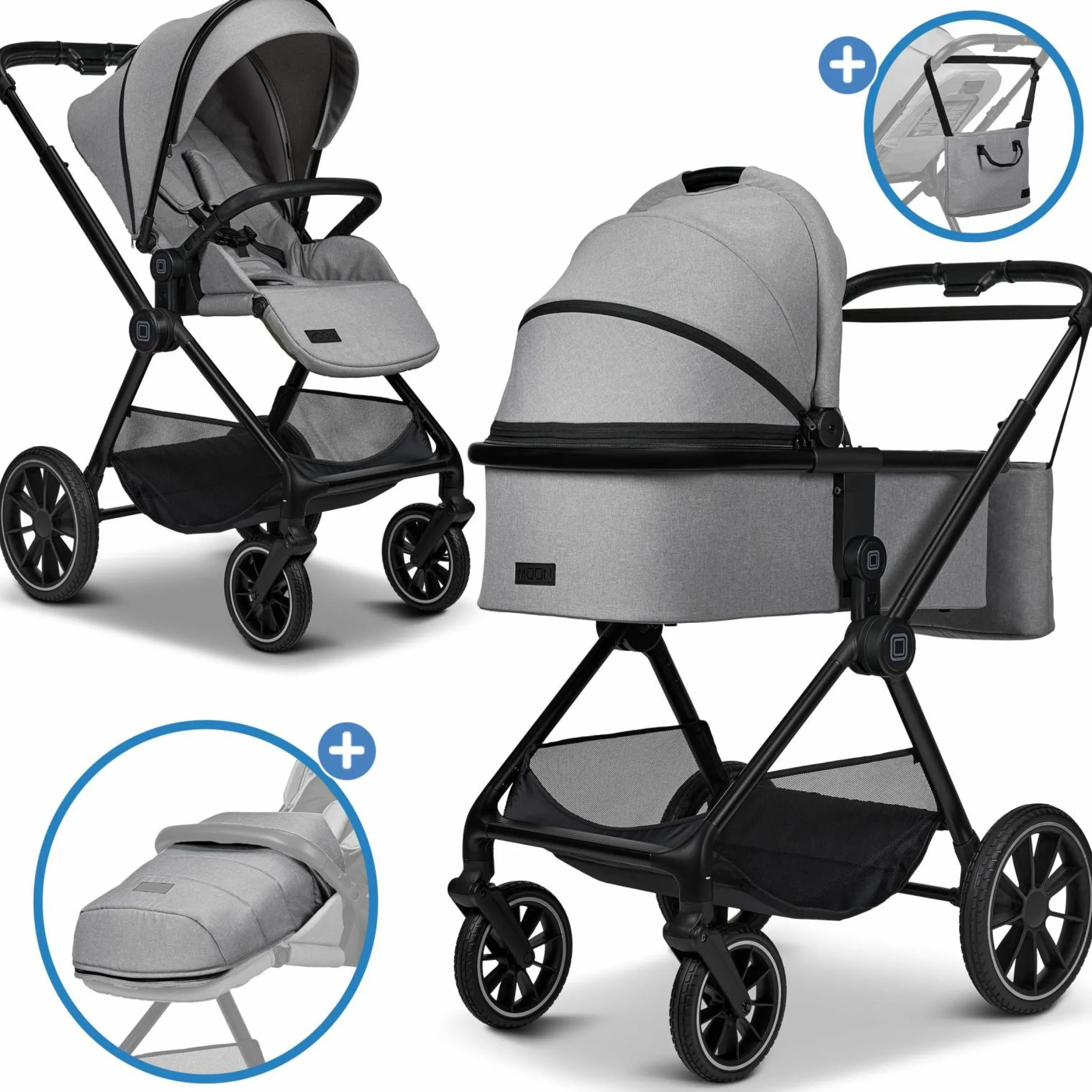 2in1 Kombi-Kinderwagen Clicc bis 22 kg mit Liegeposition, Babywanne, umsetzbare Sitzeinheit, Teleskopschieber inkl. Regenschutz, Wickeltasche, Fußsack & Adapter - Stone Melange