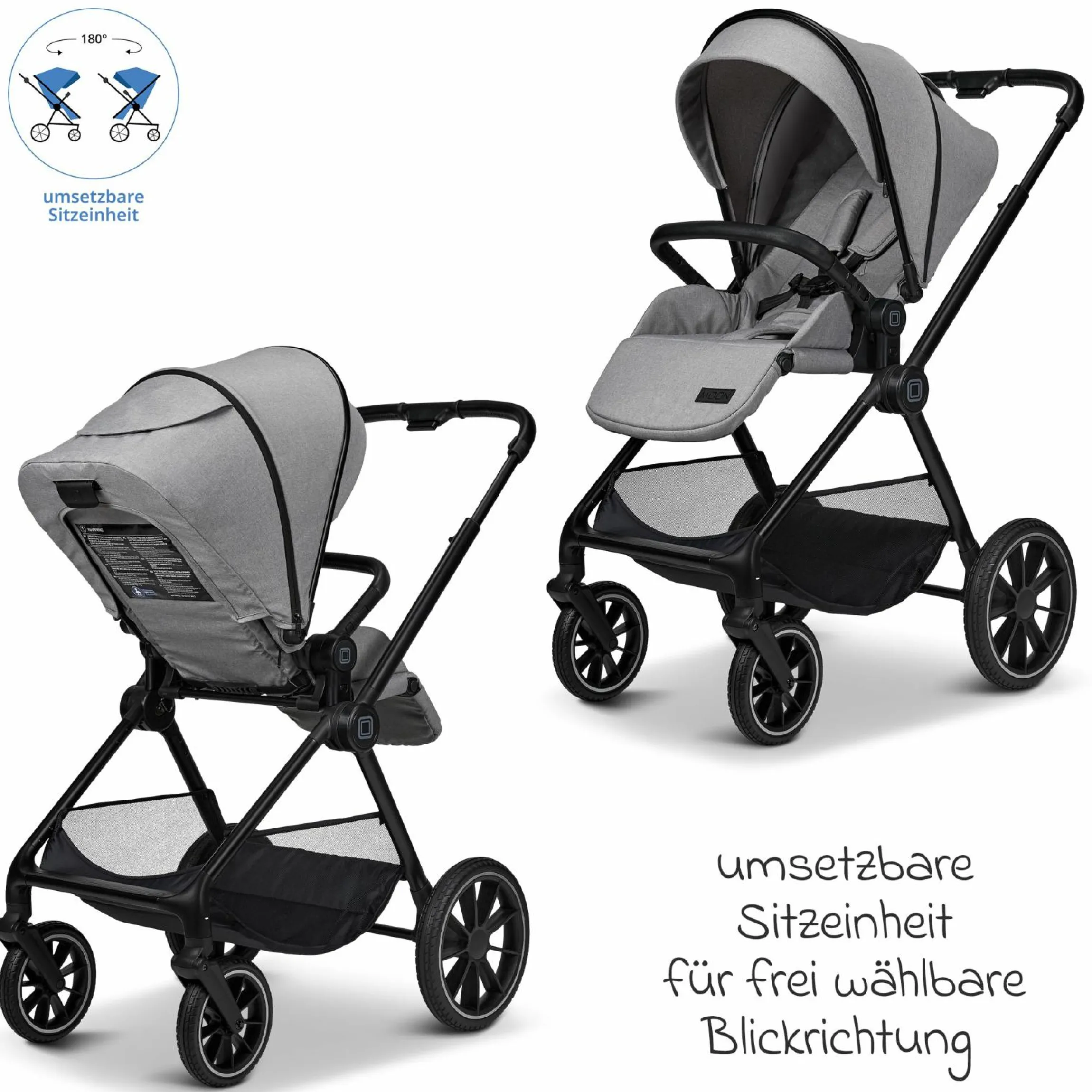 2in1 Kombi-Kinderwagen Clicc bis 22 kg mit Liegeposition, Babywanne, umsetzbare Sitzeinheit, Teleskopschieber inkl. Regenschutz, Wickeltasche, Fußsack & Adapter - Stone Melange